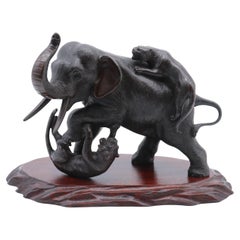 Used 19thC Japanese Meiji Period Bronze Study of an Elephant Fighting with Two Tigers
