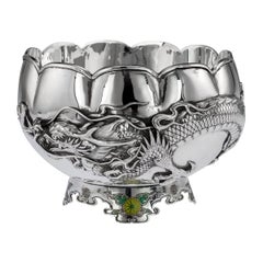 19thc Japanese Meiji Period Solid Silver & Enamel Dragon Bowl, C.1890
