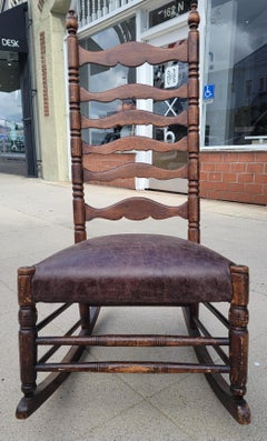 19Thc Ladder Back Rocking Chair W/ Leather Seat