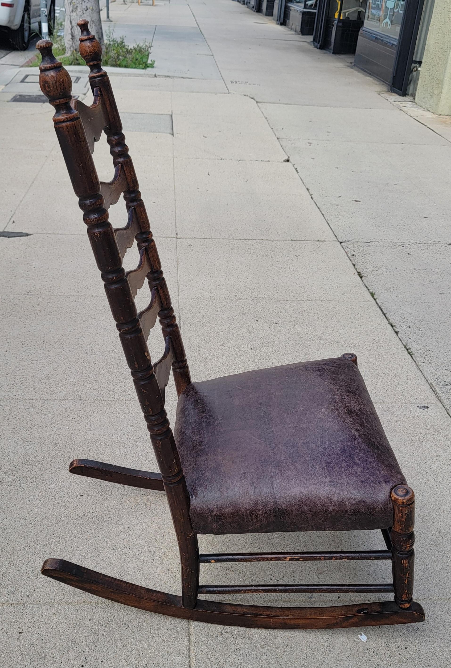 American 19Thc Ladder Back Rocking Chair W/ Leather Seat For Sale