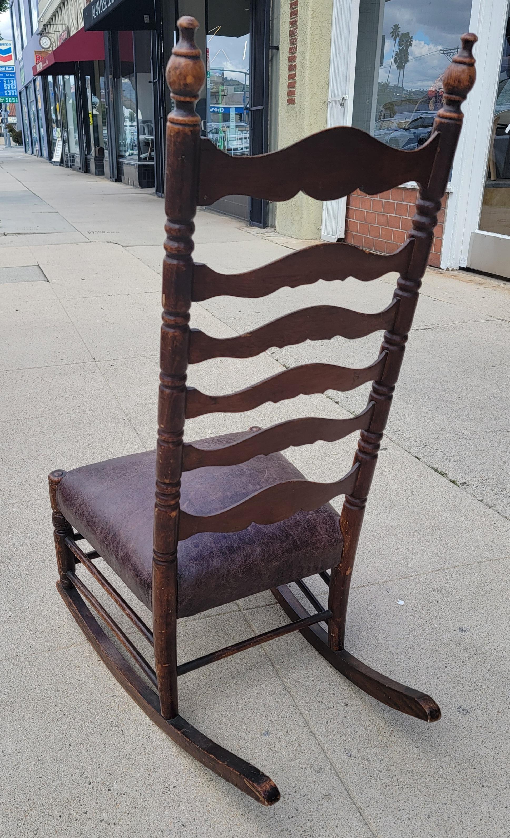 19Thc Ladder Back Rocking Chair W/ Leather Seat For Sale 1