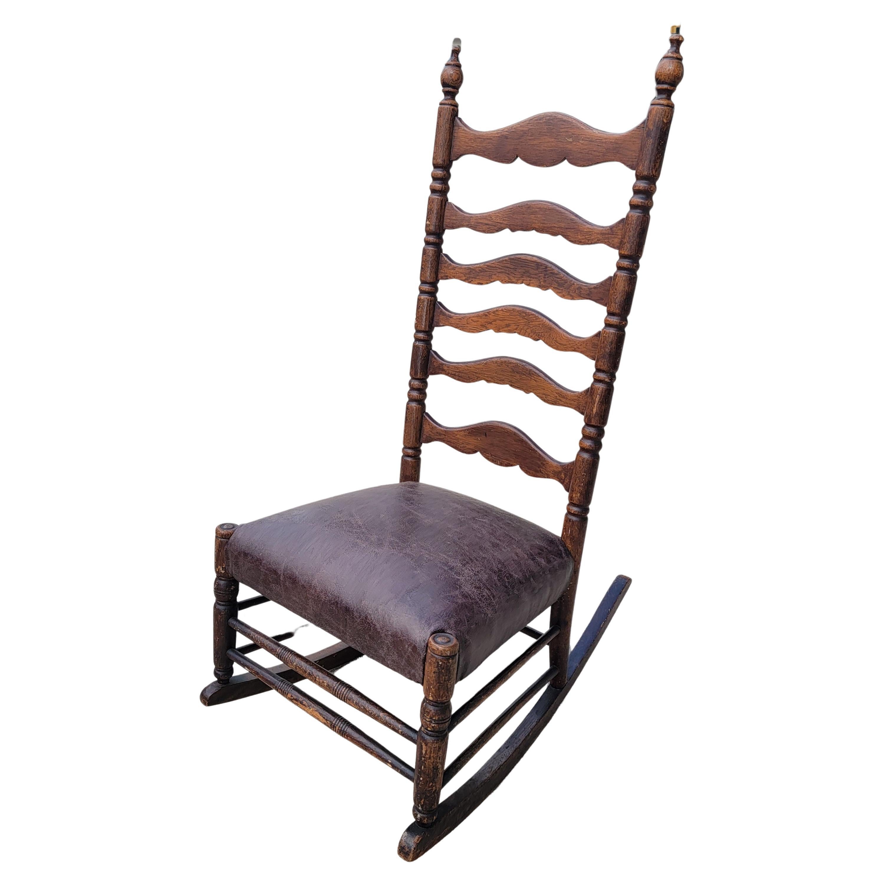 19Thc Ladder Back Rocking Chair W/ Leather Seat For Sale
