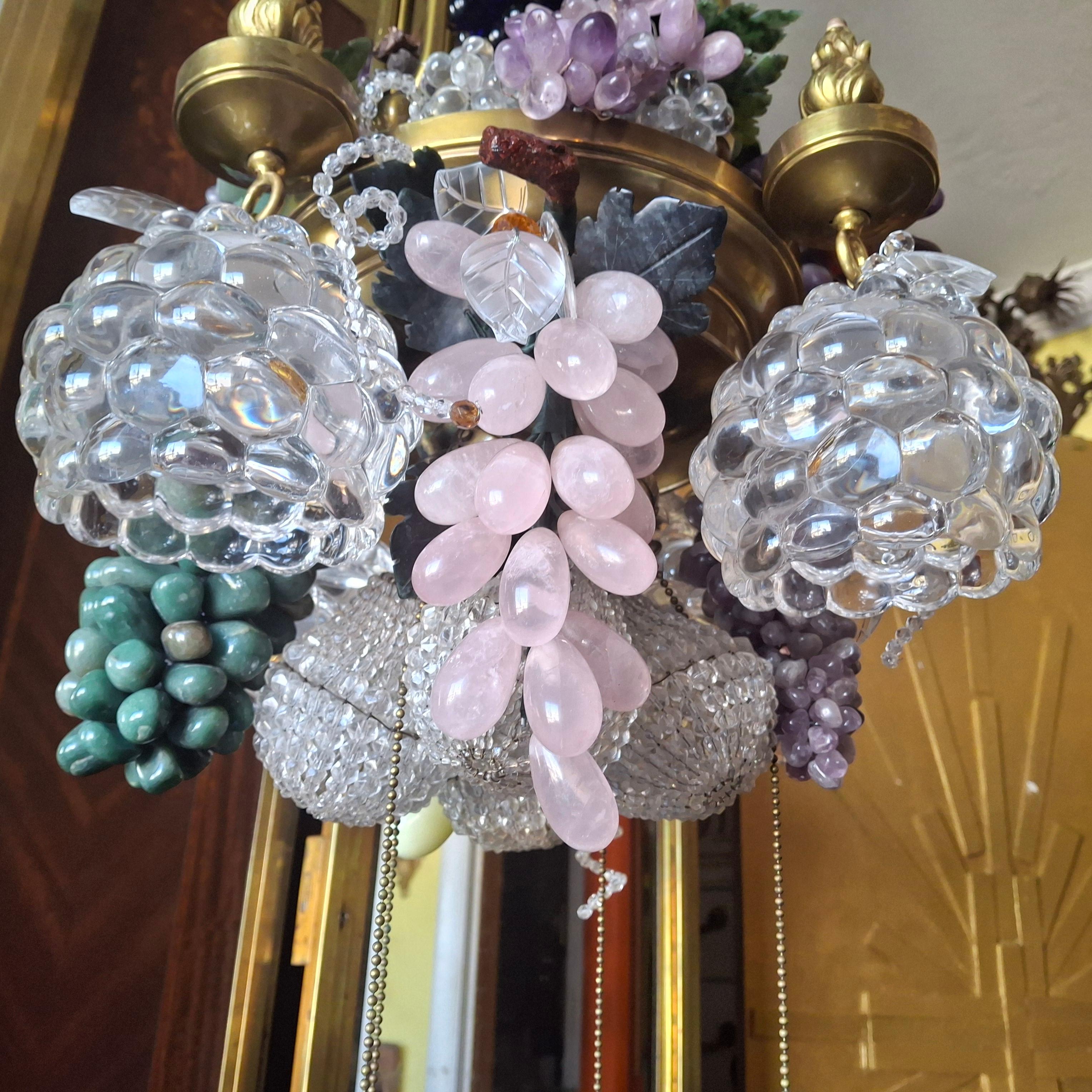 19thc Large Art Nouveau Bronze/ Brass w/ Quartz Crystal Grape Cluster Chandelier For Sale 5