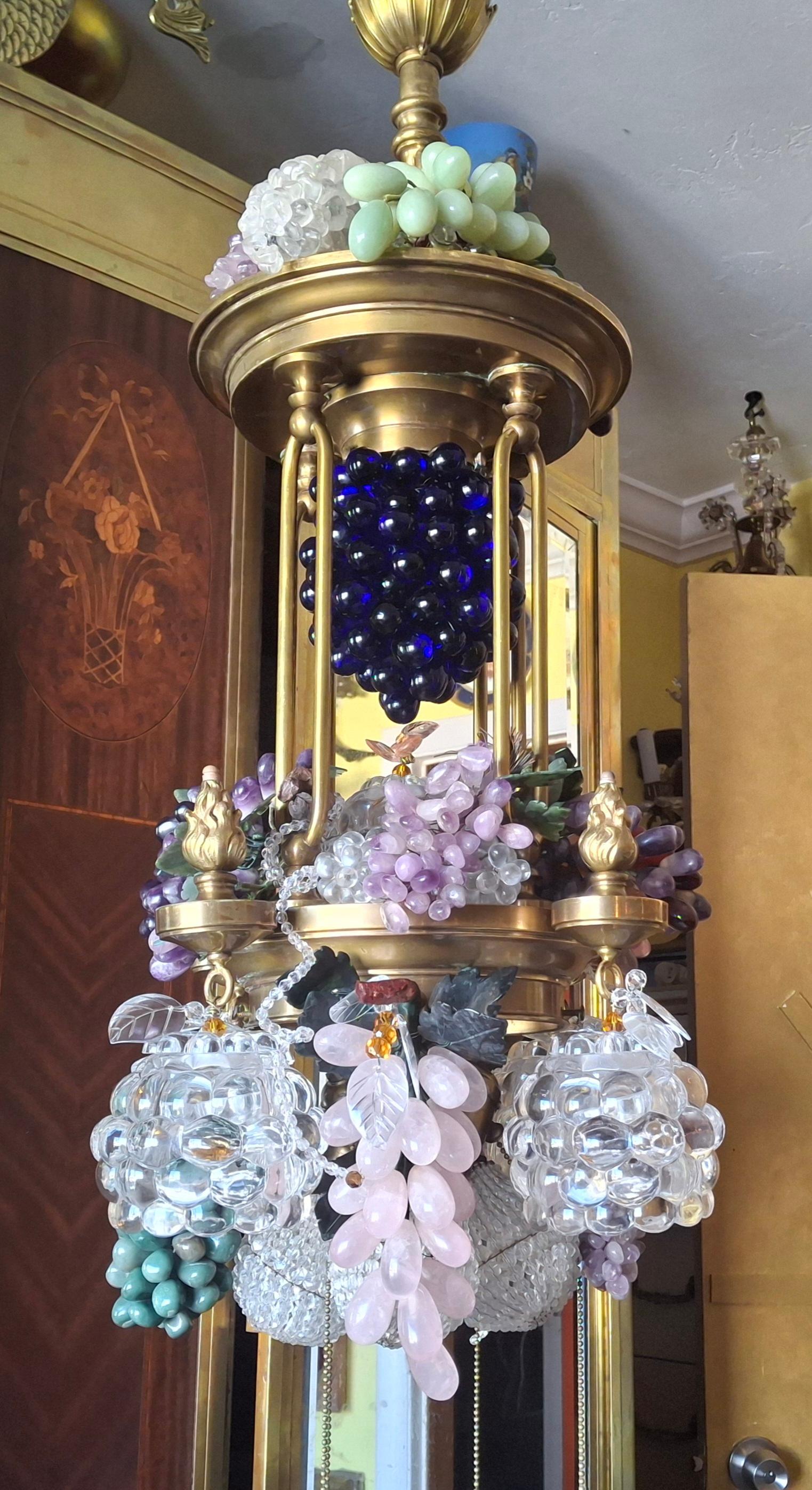 19thc Large Art Nouveau Bronze/ Brass w/ Quartz Crystal Grape Cluster Chandelier For Sale 9