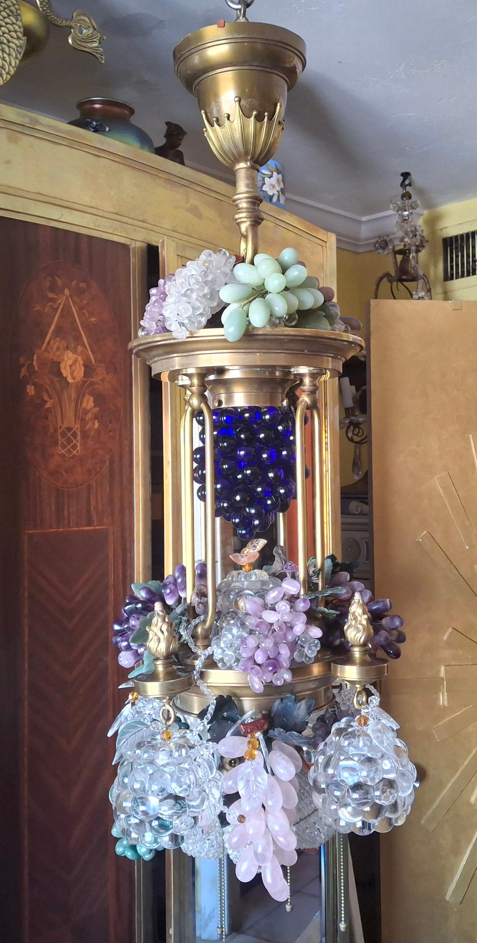 American 19thc Large Art Nouveau Bronze/ Brass w/ Quartz Crystal Grape Cluster Chandelier For Sale