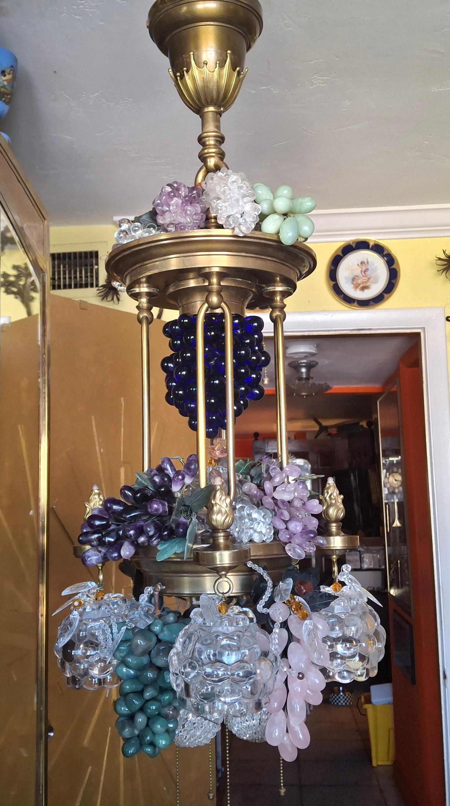 19thc Large Art Nouveau Bronze/ Brass w/ Quartz Crystal Grape Cluster Chandelier In Good Condition For Sale In Opa Locka, FL