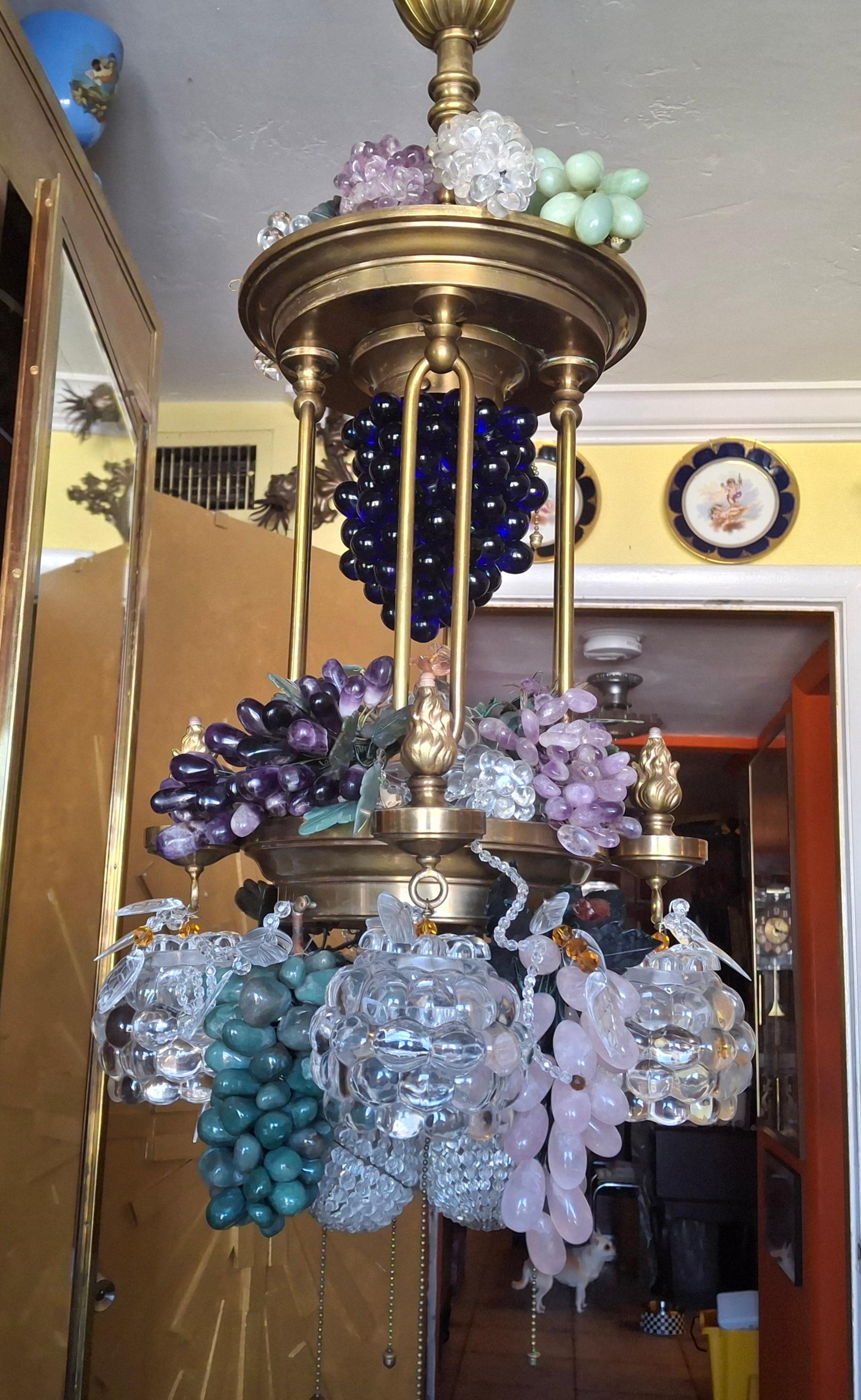 Late 19th Century 19thc Large Art Nouveau Bronze/ Brass w/ Quartz Crystal Grape Cluster Chandelier For Sale