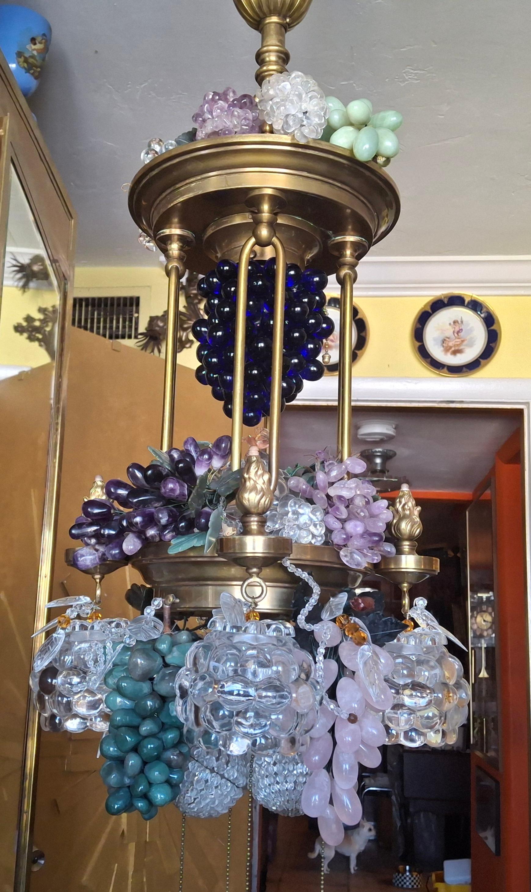 19thc Large Art Nouveau Bronze/ Brass w/ Quartz Crystal Grape Cluster Chandelier For Sale 1
