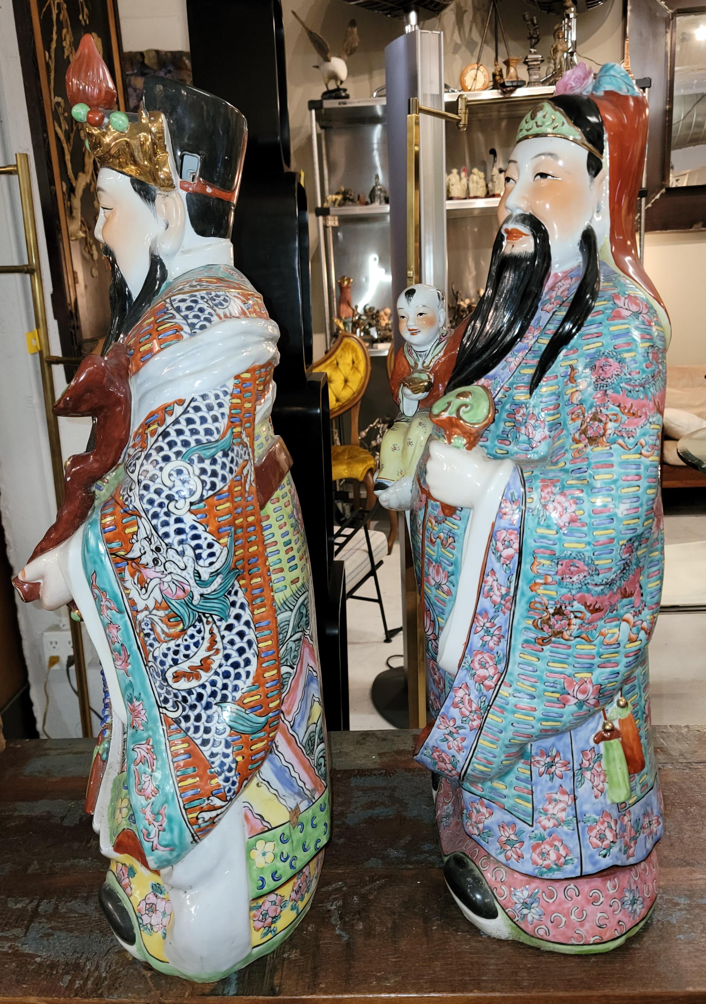 19thc Large Chinese Famille Fu Lu Rose God Porcelain Statues 5