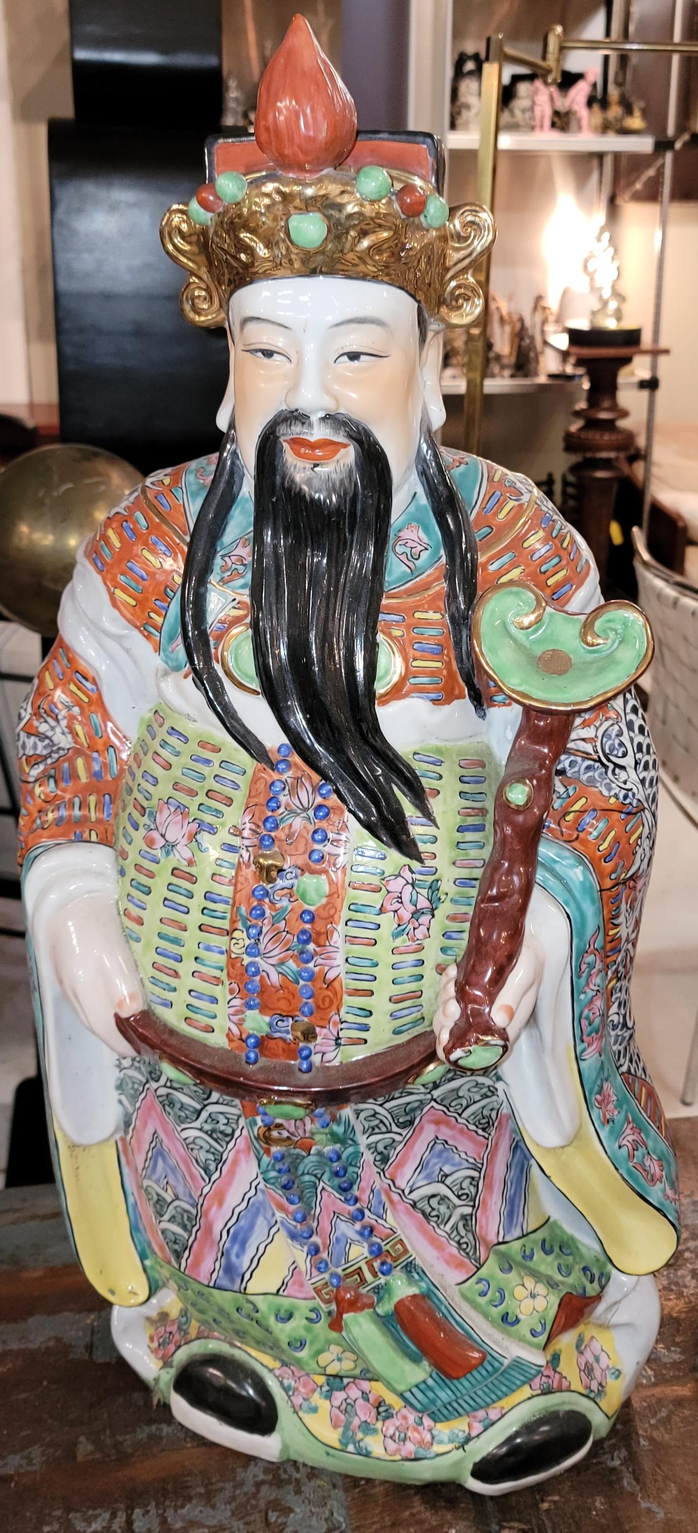 19thc Large Chinese Famille Fu Lu Rose God Porcelain Statues 8