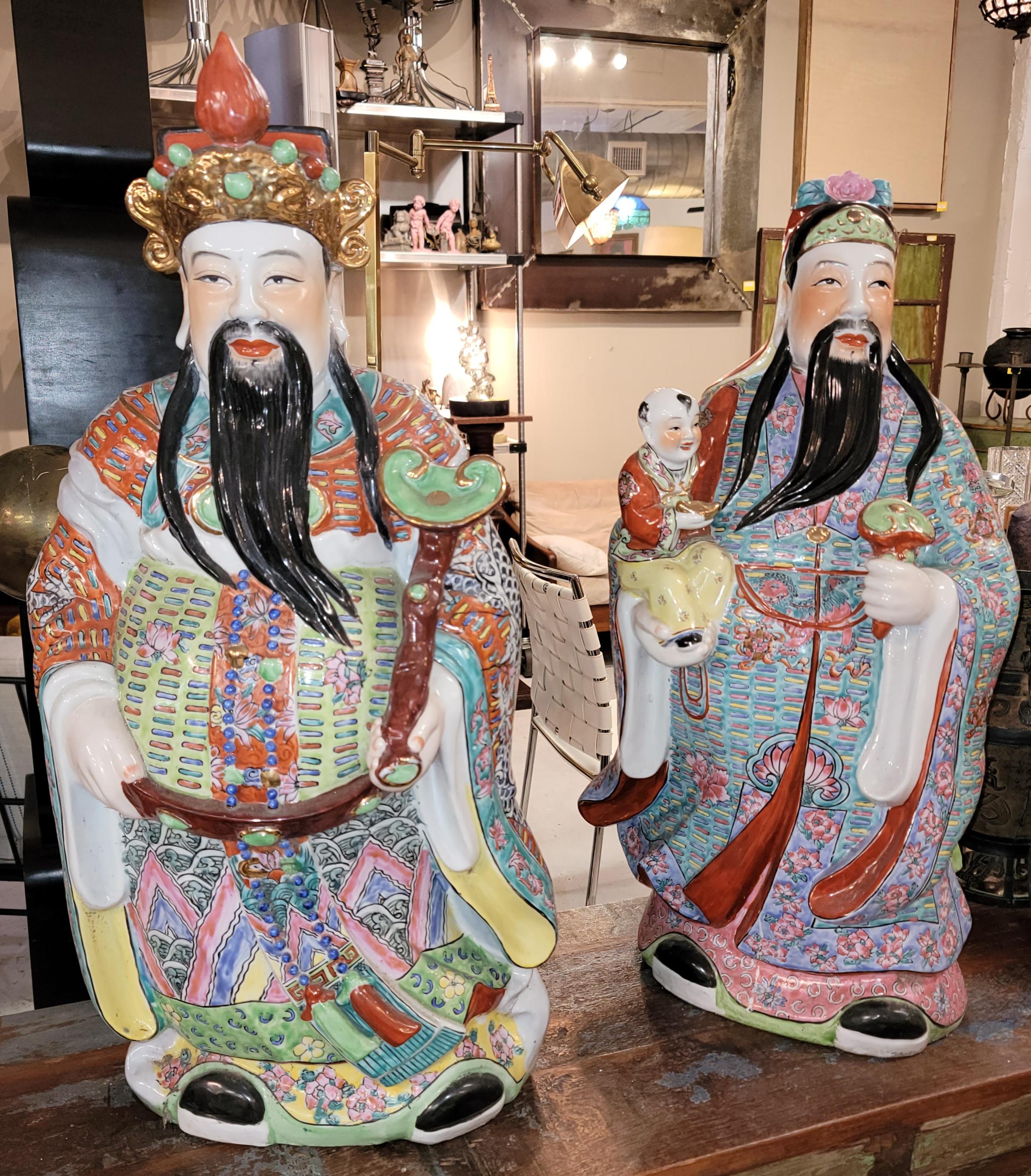 Adirondack 19thc Large Chinese Famille Fu Lu Rose God Porcelain Statues For Sale