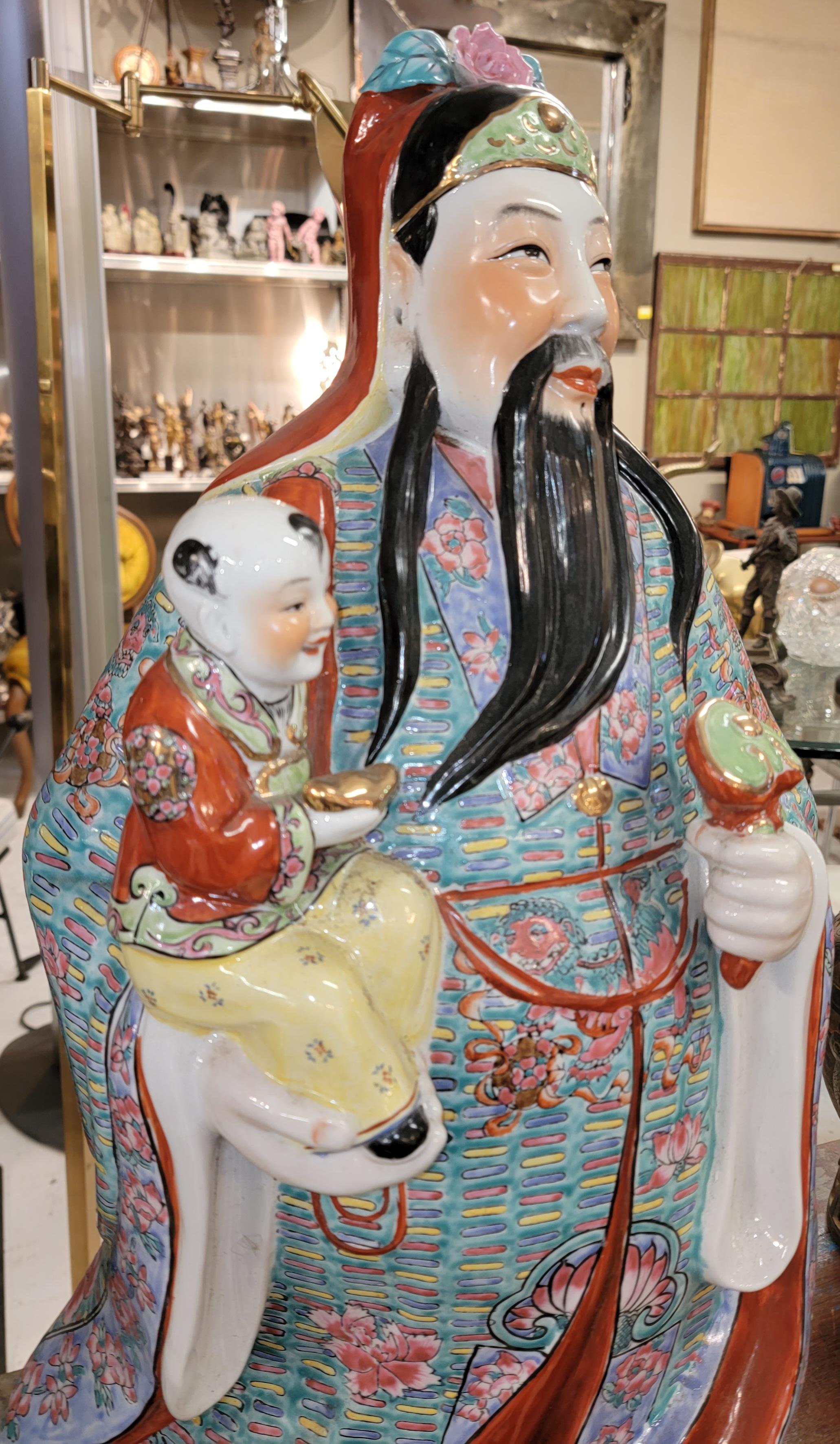 19thc Large Chinese Famille Fu Lu Rose God Porcelain Statues For Sale 1