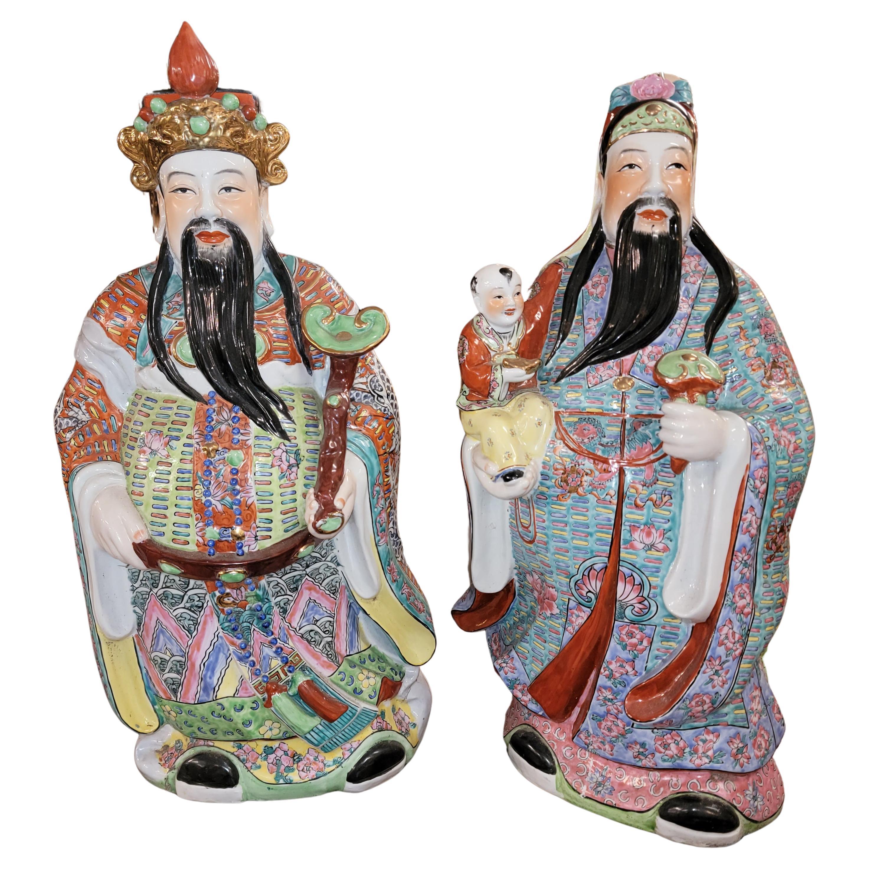 19thc Large Chinese Famille Fu Lu Rose God Porcelain Statues