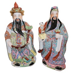 19thc Large Chinese Famille Fu Lu Rose God Porcelain Statues