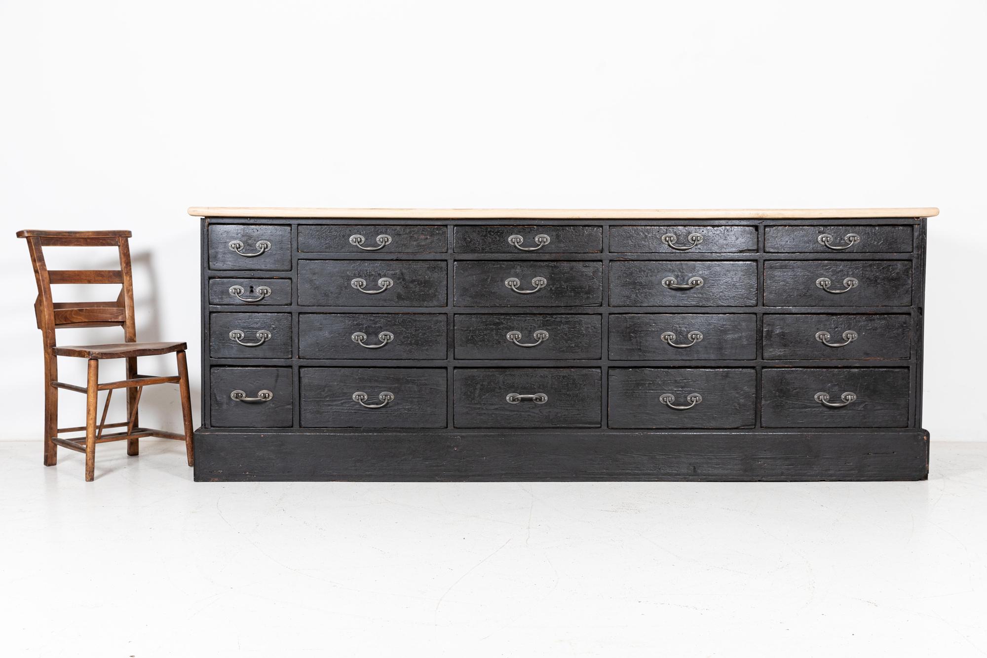 19thC Large English Ebonised Shop Counter Bank of Drawers For Sale 7