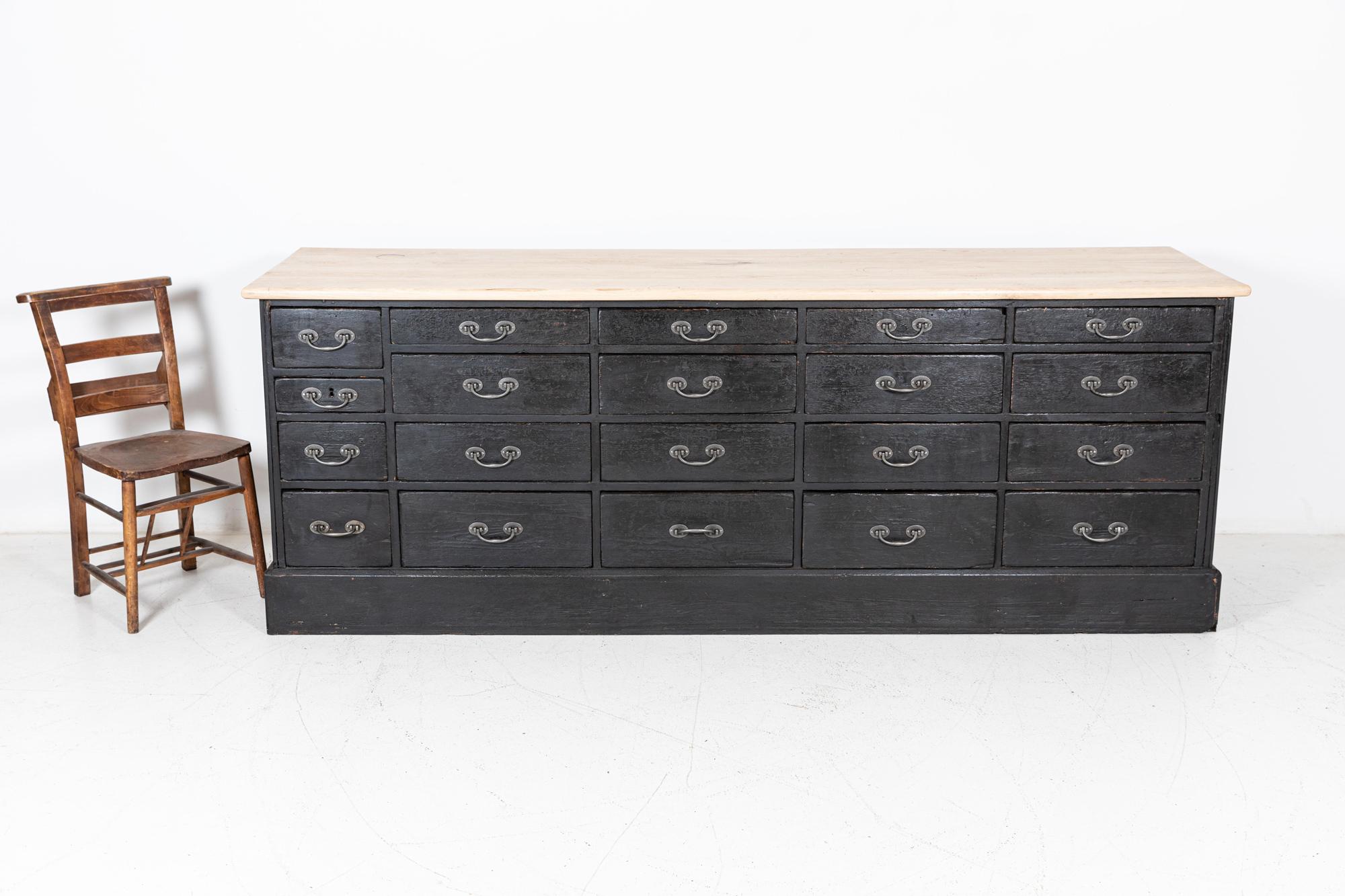 19thC Large English Ebonised Shop Counter Bank of Drawers In Good Condition In Staffordshire, GB