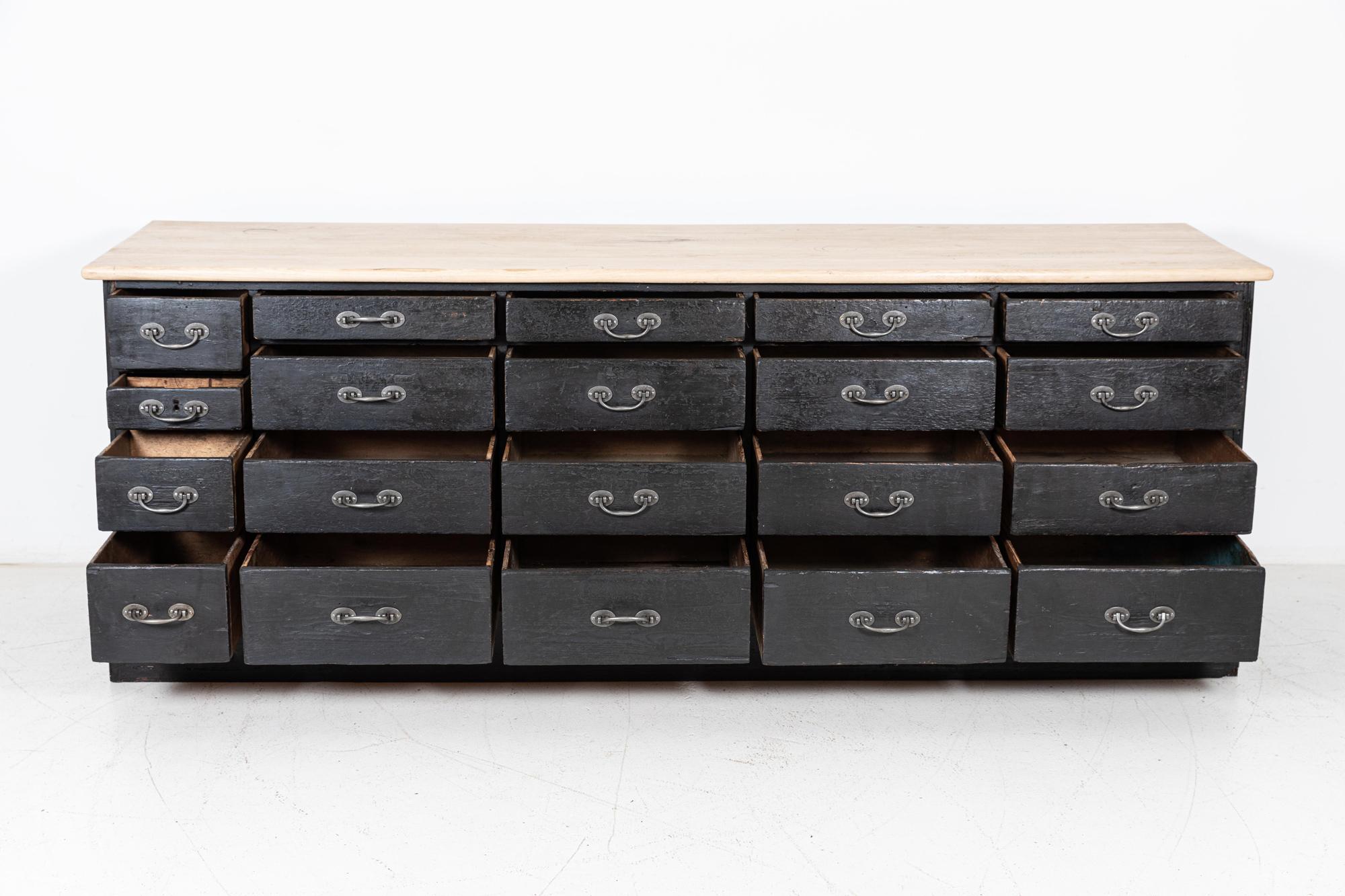 19th Century 19thC Large English Ebonised Shop Counter Bank of Drawers For Sale