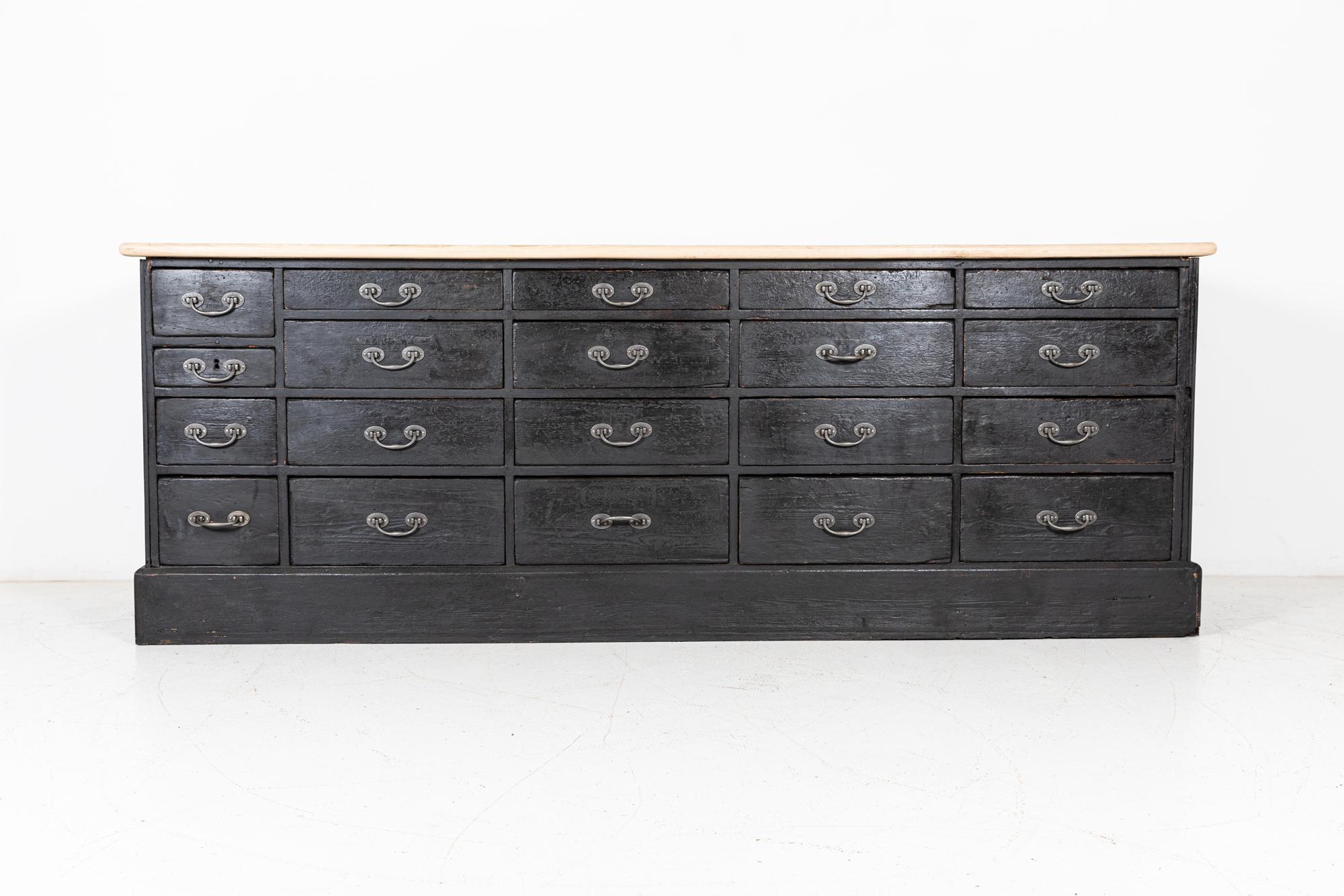 19thC Large English Ebonised Shop Counter Bank of Drawers For Sale 1