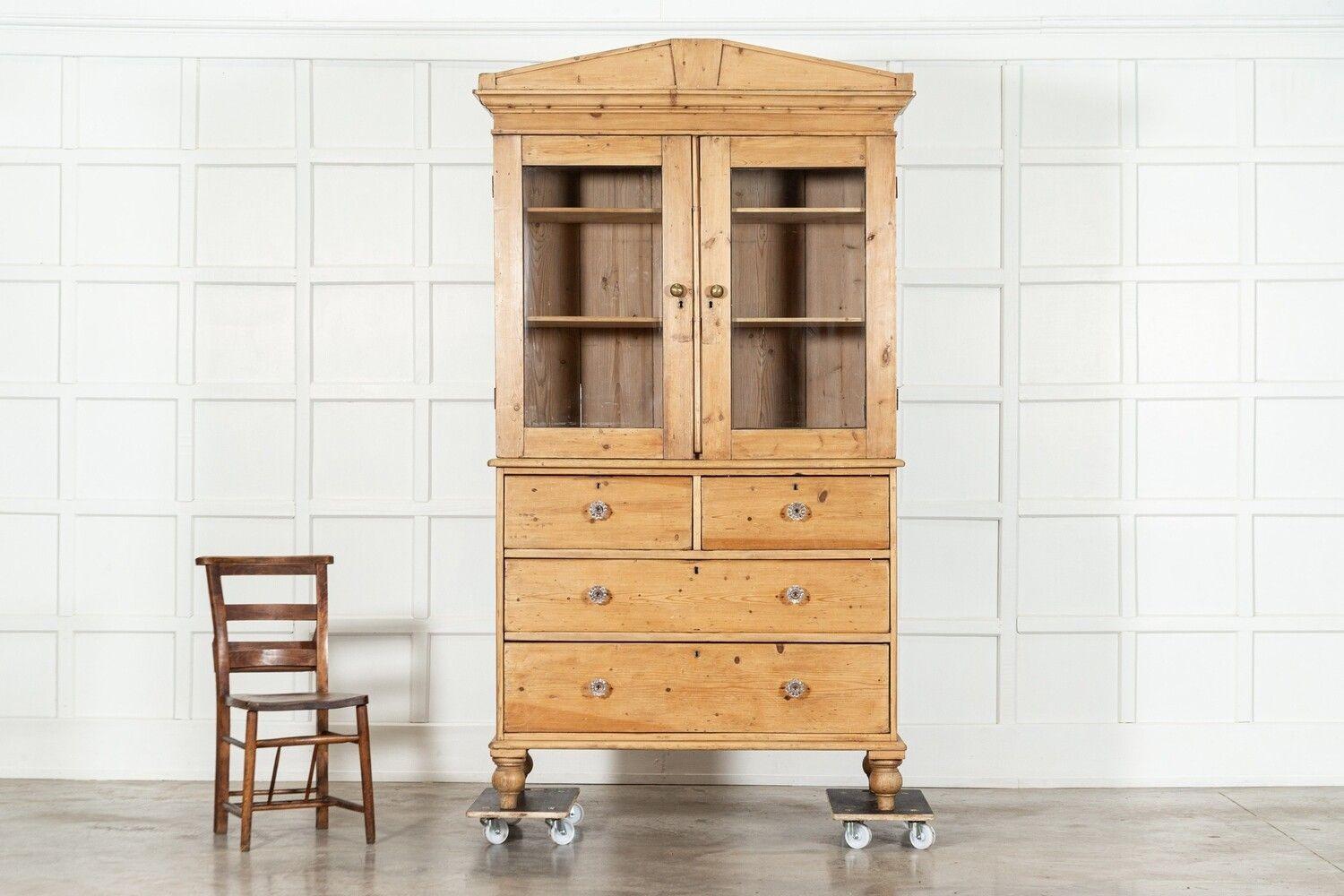 19th Century 19thC Large English Glazed Pine Housekeepers Cabinet For Sale