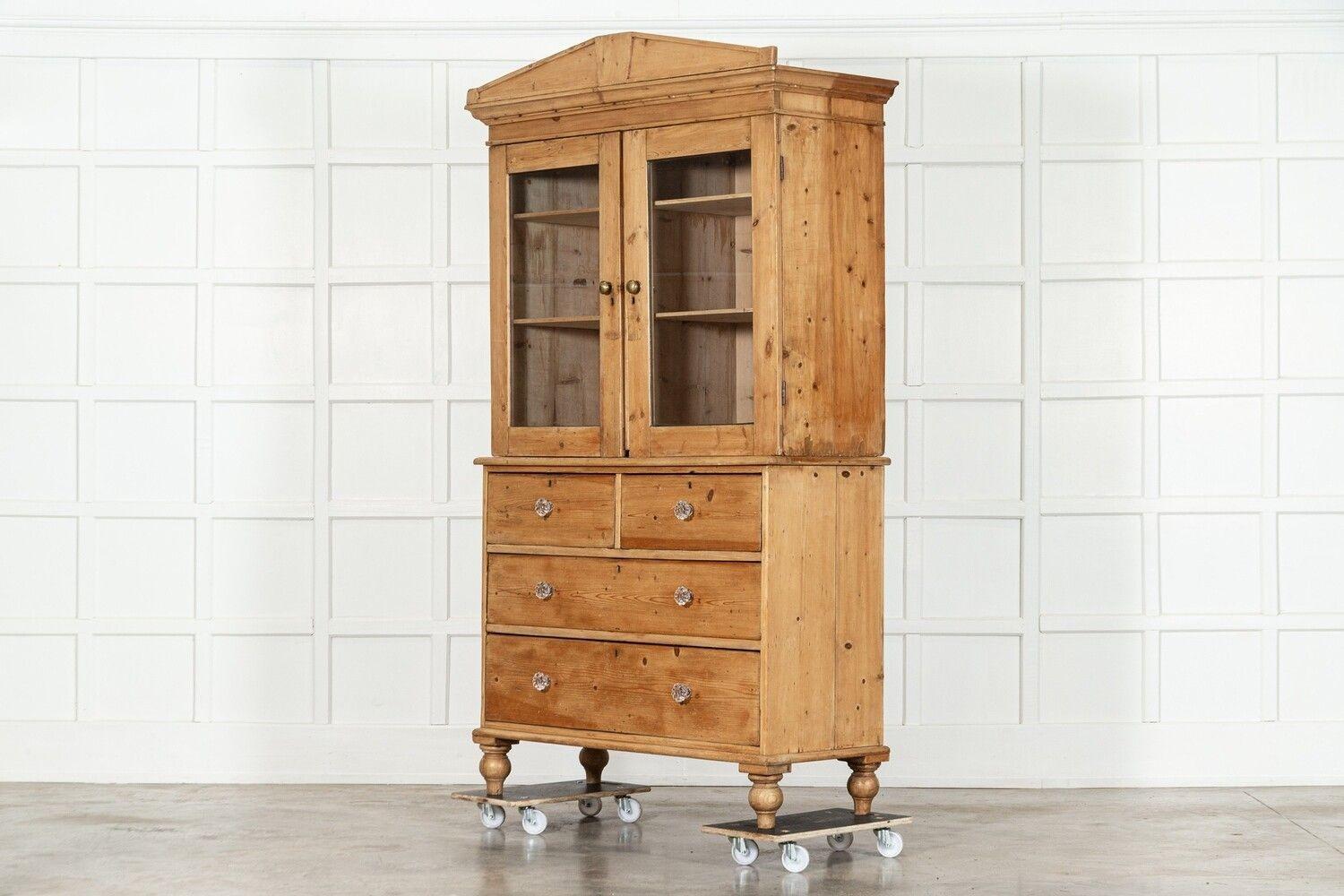 19thC Large English Glazed Pine Housekeepers Cabinet For Sale 1