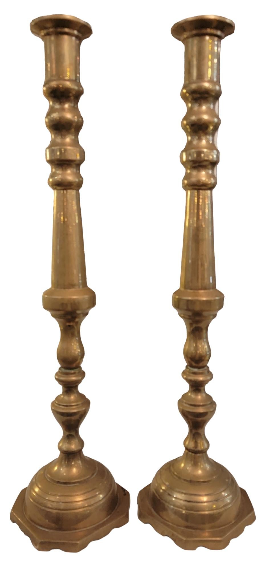 Adirondack 19th Century Large English Solid Brass Candle Sticks For Sale