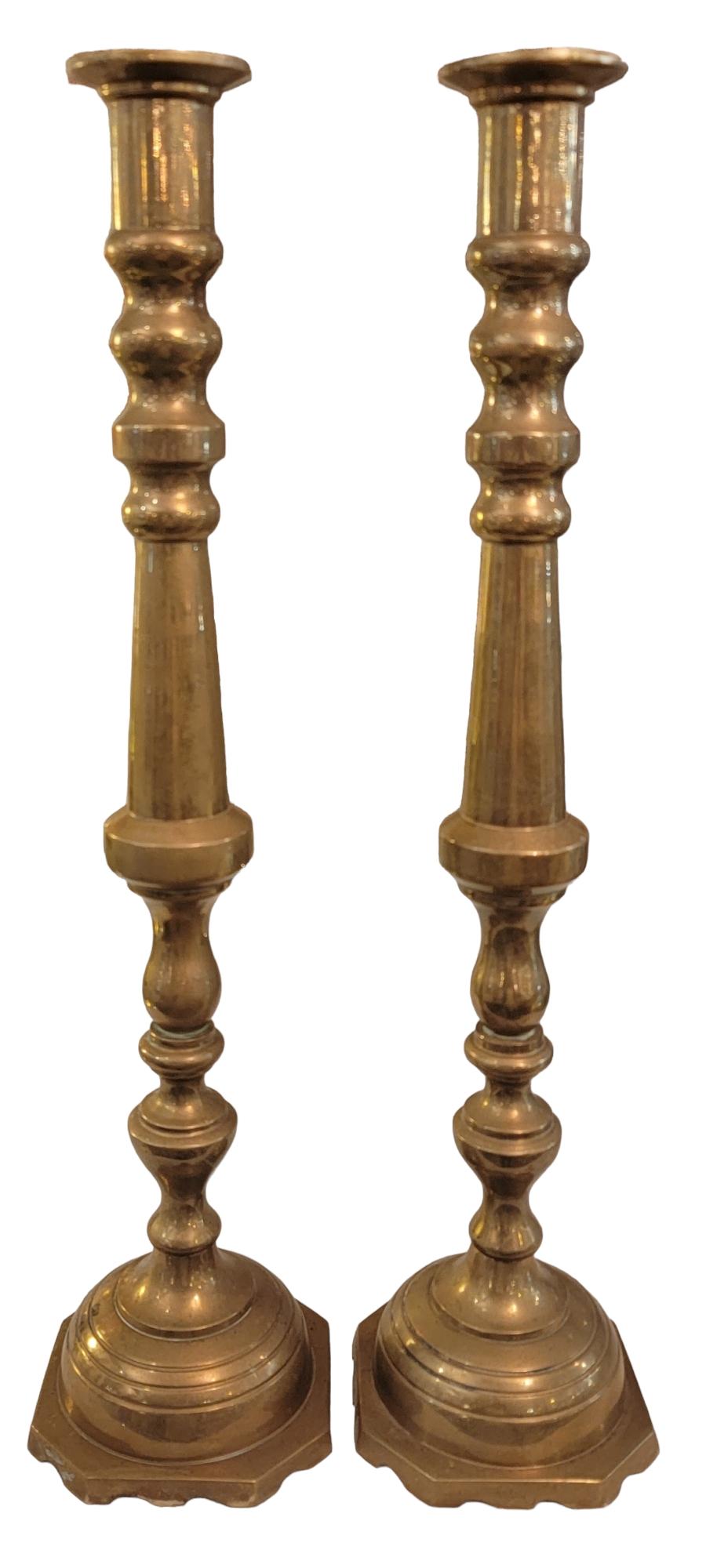 19th Century Large English Solid Brass Candle Sticks In Good Condition For Sale In Pasadena, CA