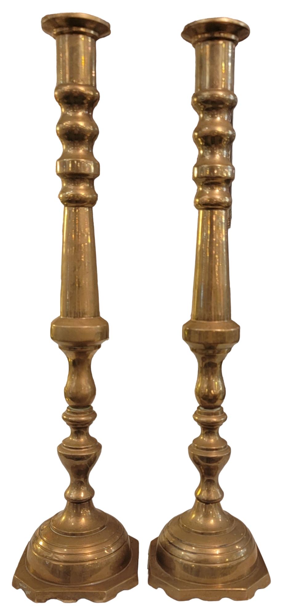 19th Century Large English Solid Brass Candle Sticks For Sale 1