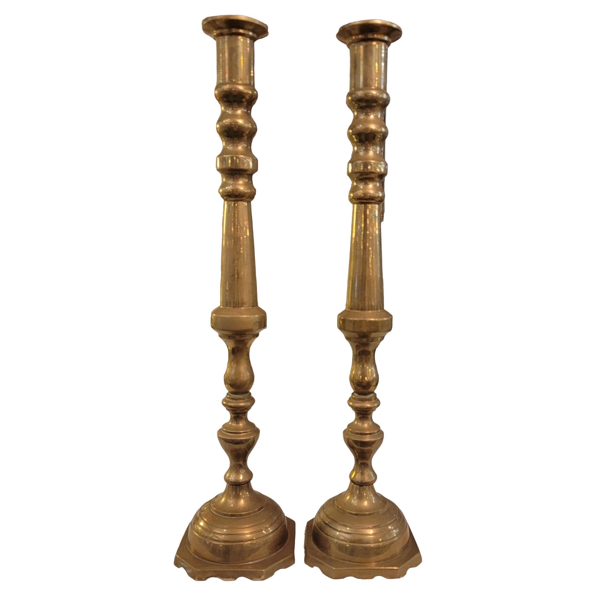 19th Century Large English Solid Brass Candle Sticks For Sale