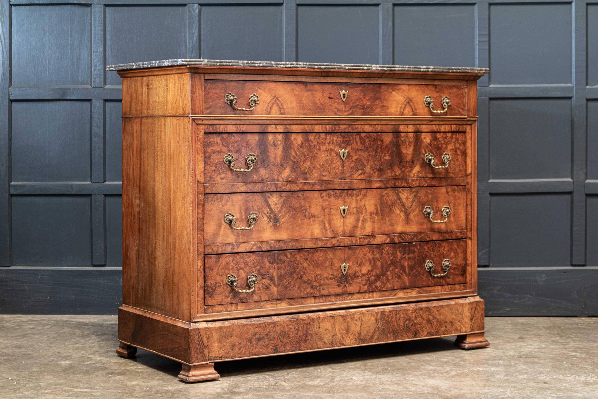 Circa 1860.

19thC large French burr walnut commode with marble top

Sourced from the South of France

 

Measures: W127 x D57.5 x H102.5cm.