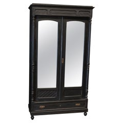 19thC Large French Ebonised Mirrored Armoire