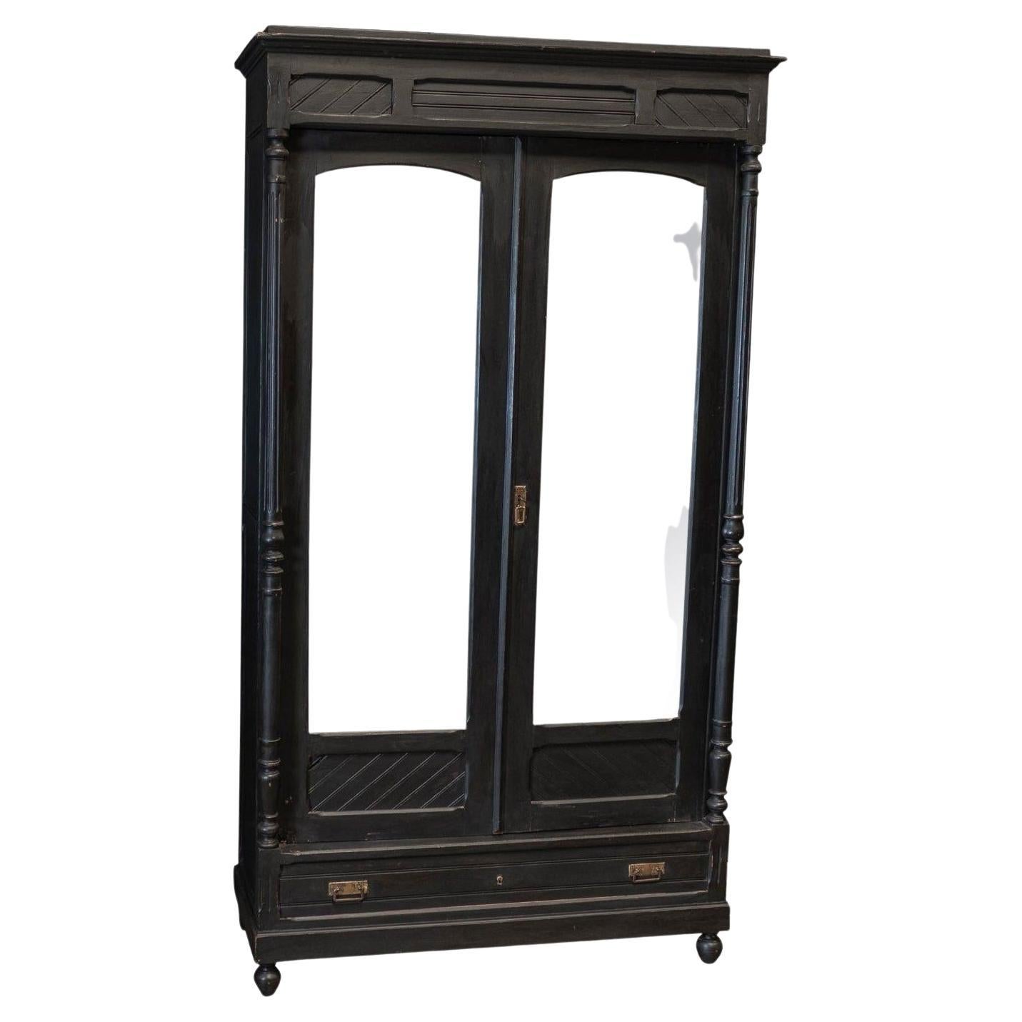 19thC Large French Ebonised Mirrored Armoire