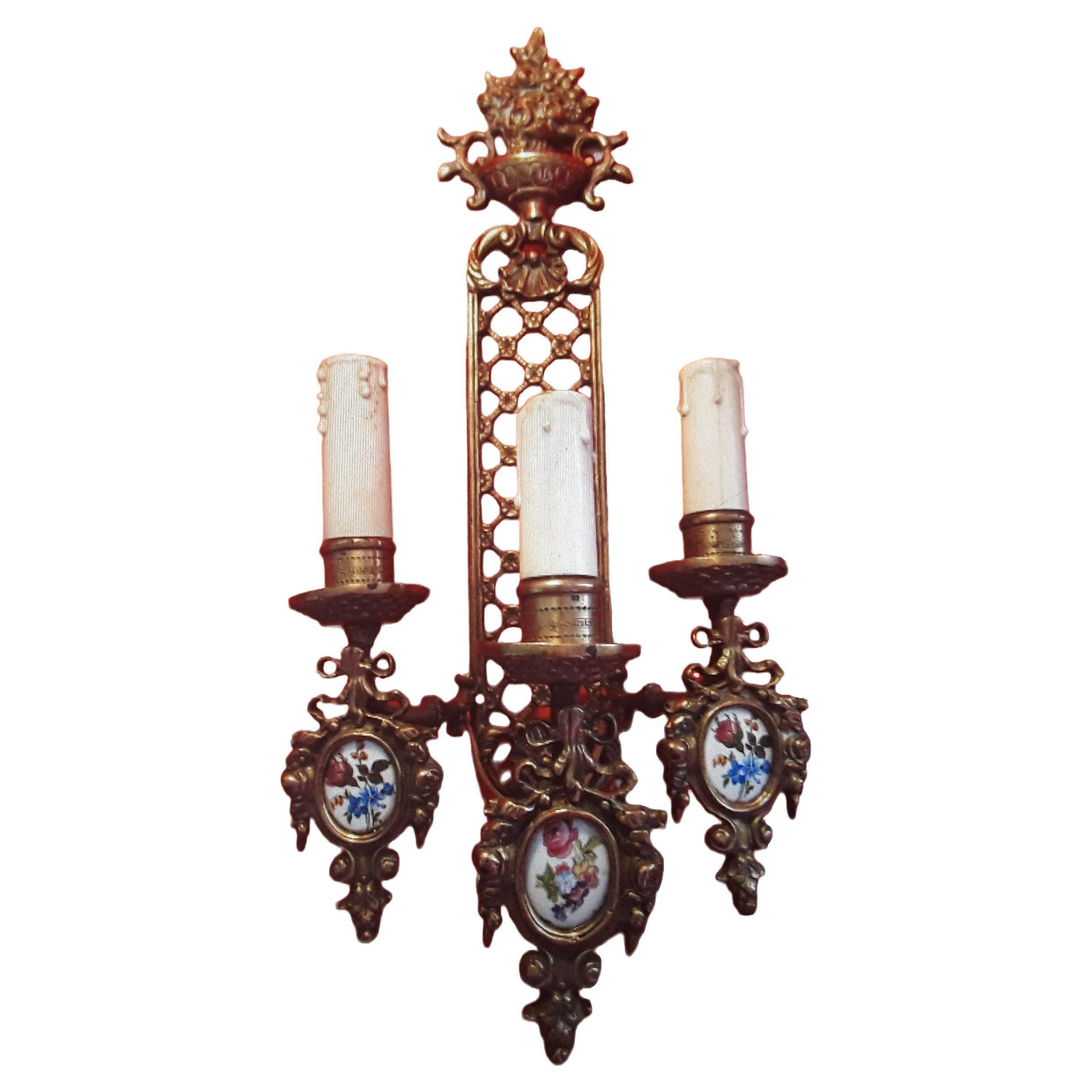 19thc Large French Neoclassical Bronze & Porcelain Wall Sconce For Sale