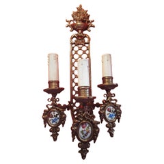 19thc Large French Neoclassical Bronze & Porcelain Wall Sconce