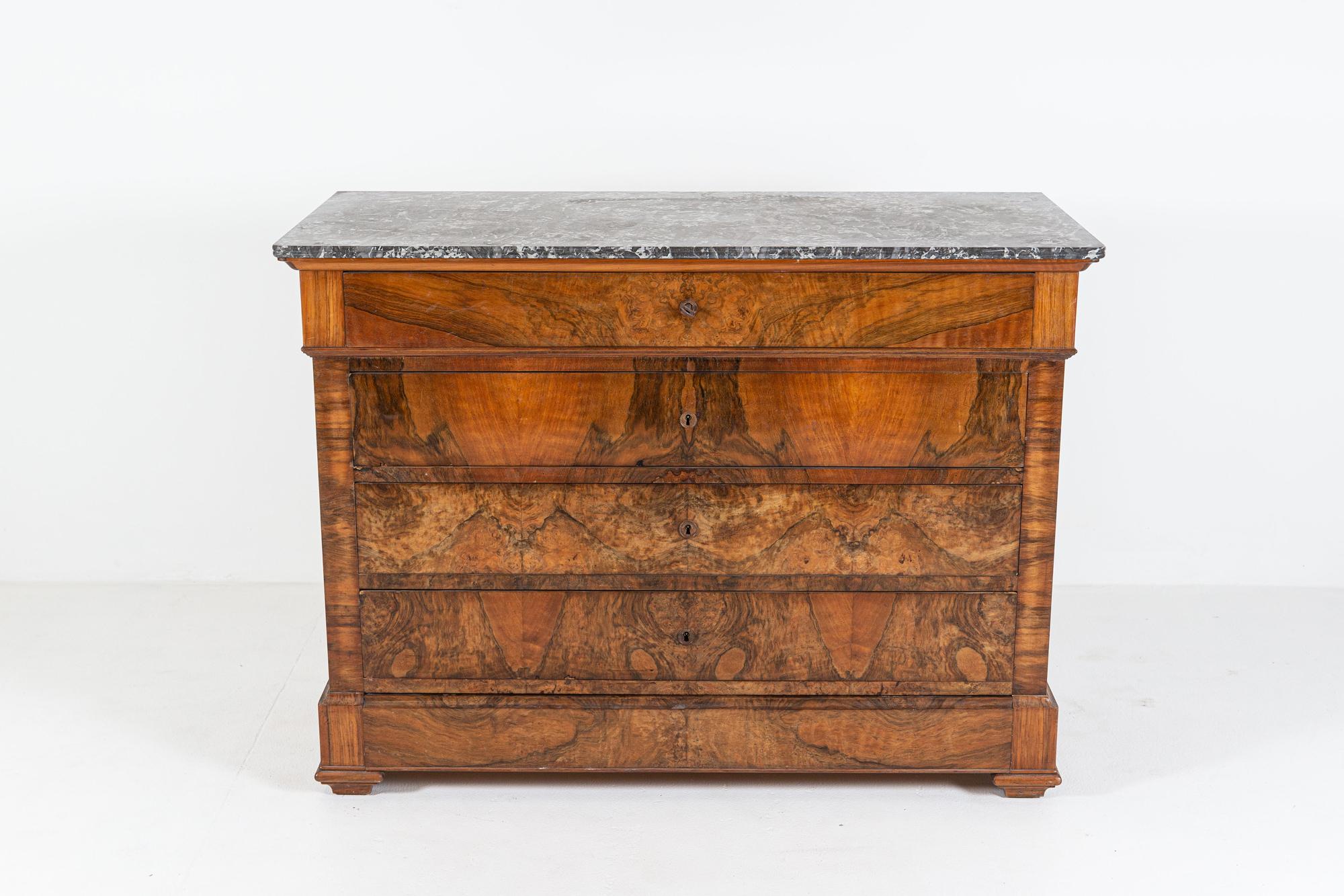 Veneer 19thC Large French Walnut Marble Top Commode  For Sale