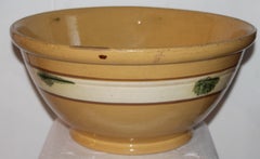 19thC Large Mocha Green Seaweed Yellow Ware Bowl