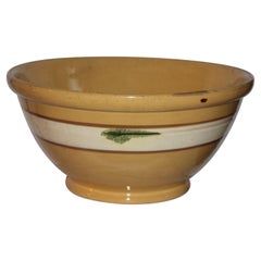 19thC Large Mocha Green Seaweed Yellow Ware Bowl