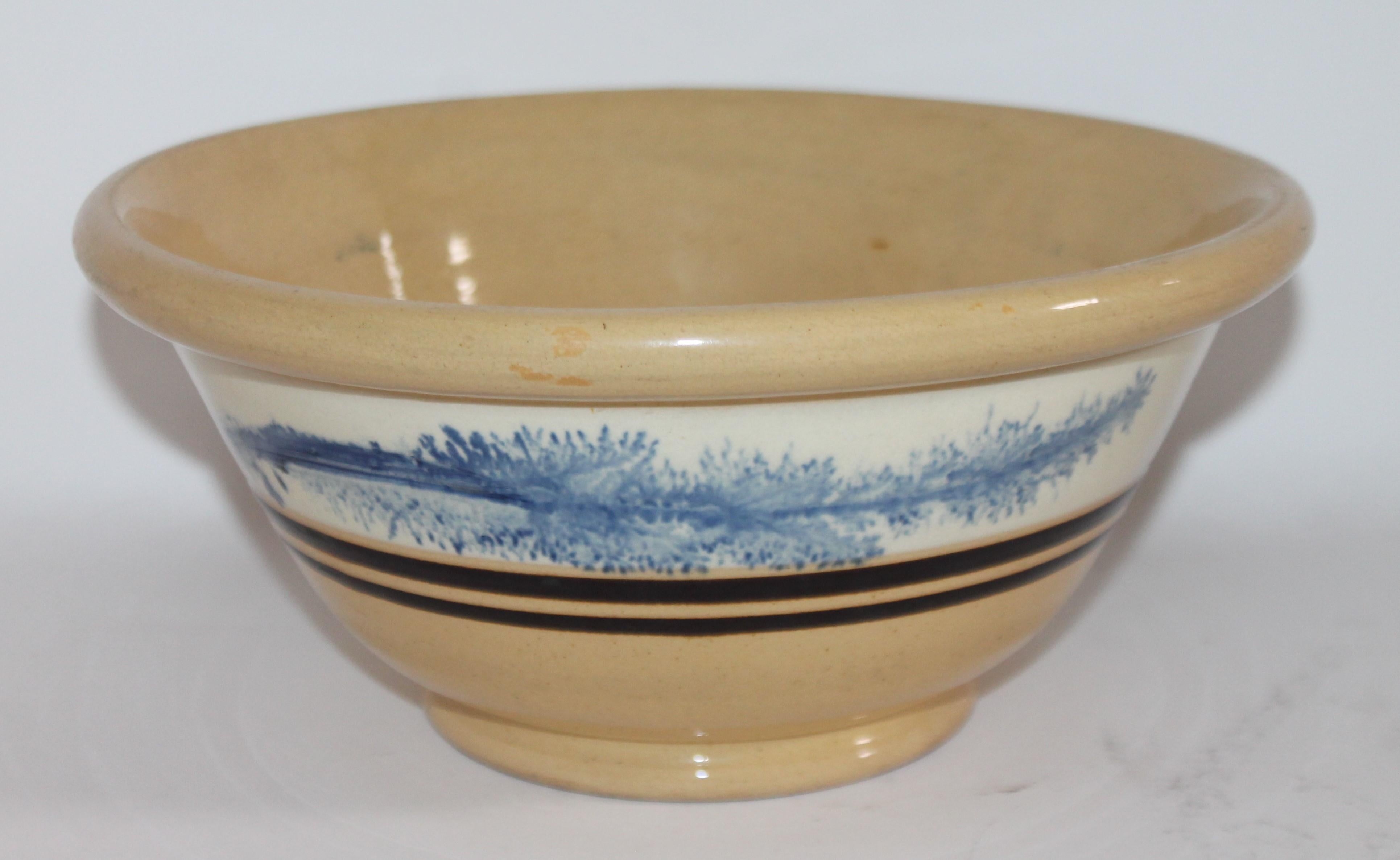 Adirondack 19th Century Large Mocha Yellow Ware Seaweed Decorated Bowl For Sale