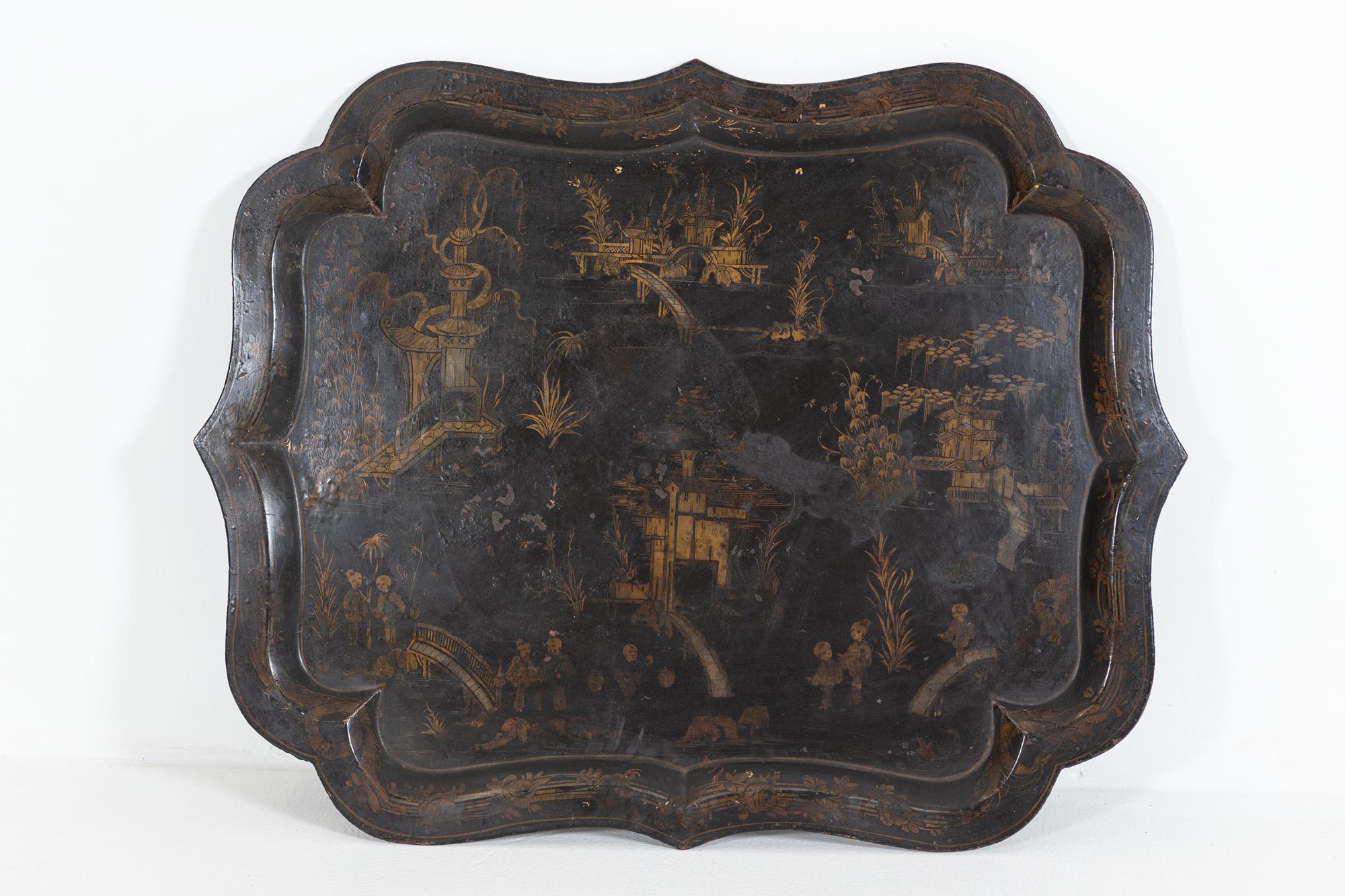 Circa 1820

19thC Regency Chinoiserie Toleware Tray.

Of cartouche outline, on later brass stand.

Sku 758

W87 x D68 x H45xm

