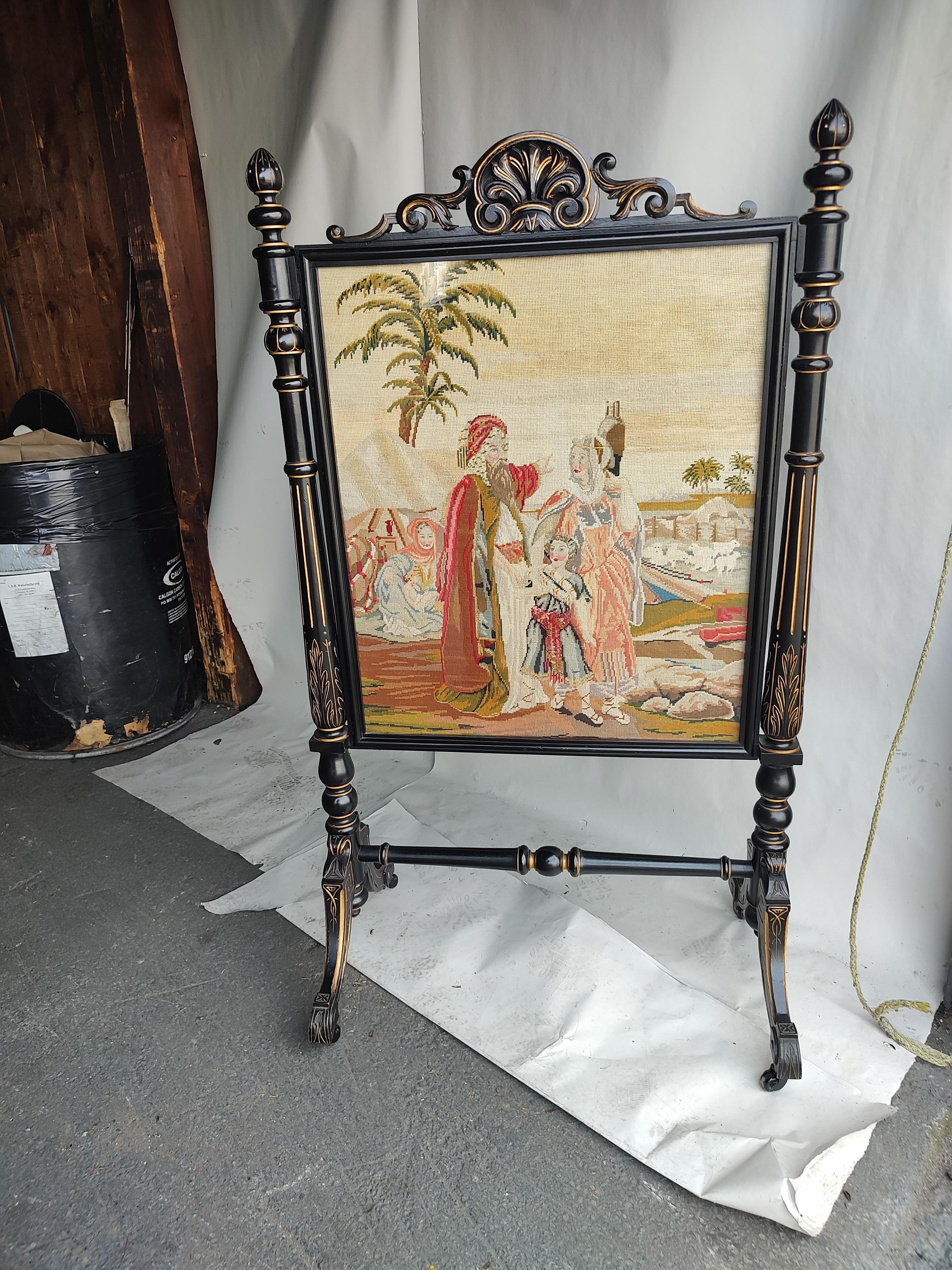 19th C Large Renaissance Revival Black Lacquer & Gilt Fireplace Screen Tapestry  For Sale 12