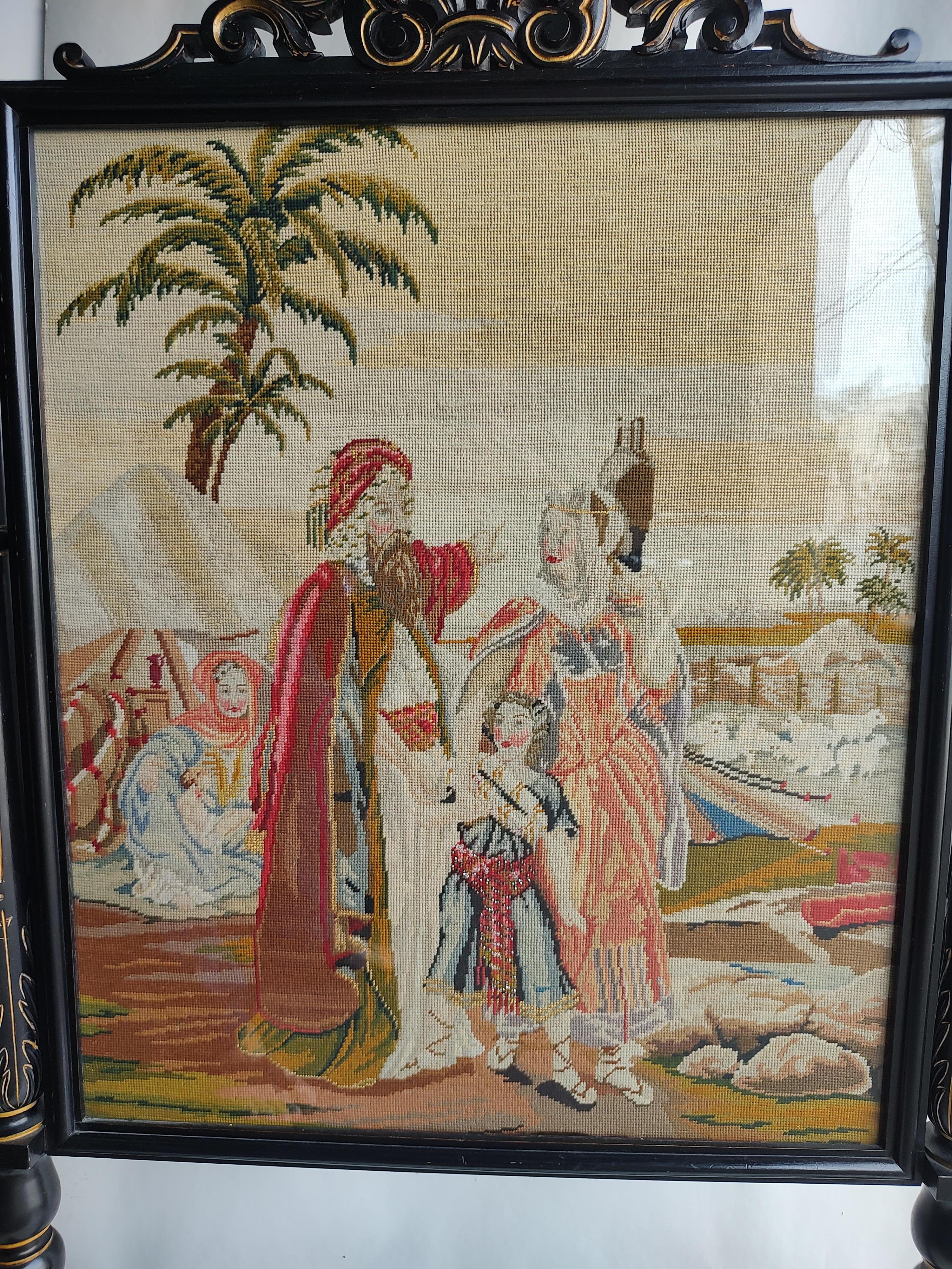 19th C Large Renaissance Revival Black Lacquer & Gilt Fireplace Screen Tapestry  For Sale 11