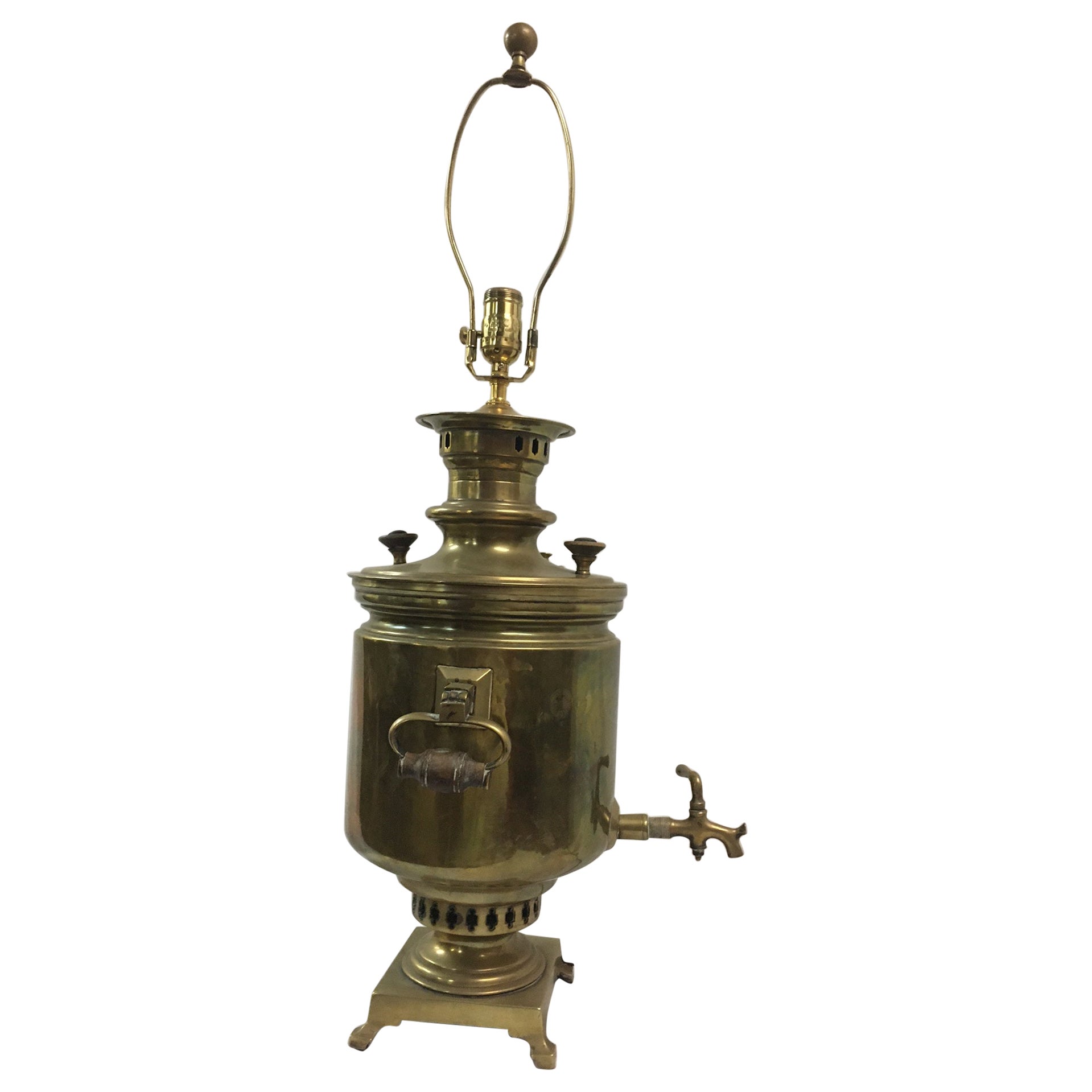Gran Lámpara Samovar Rusa de Latón del S. XIX con Sellos con Asas de Madera