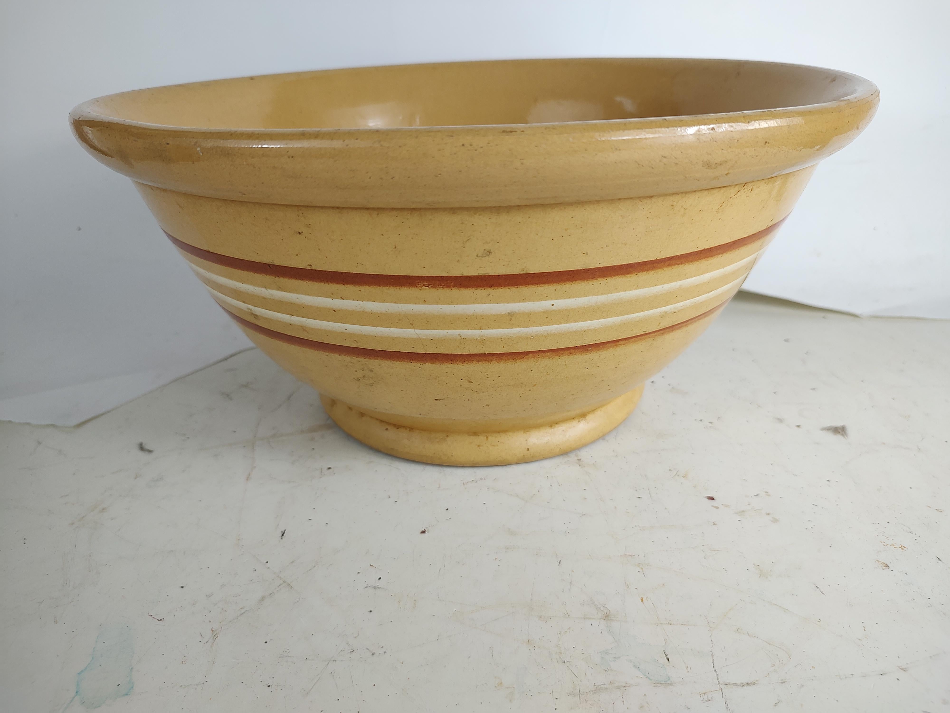Hand-Crafted 19thc Large Yellow Ware Mixing Bowl with Banding