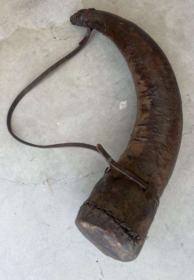 Adirondack 19thc Leather covered Bulls Horn Whiskey Horn