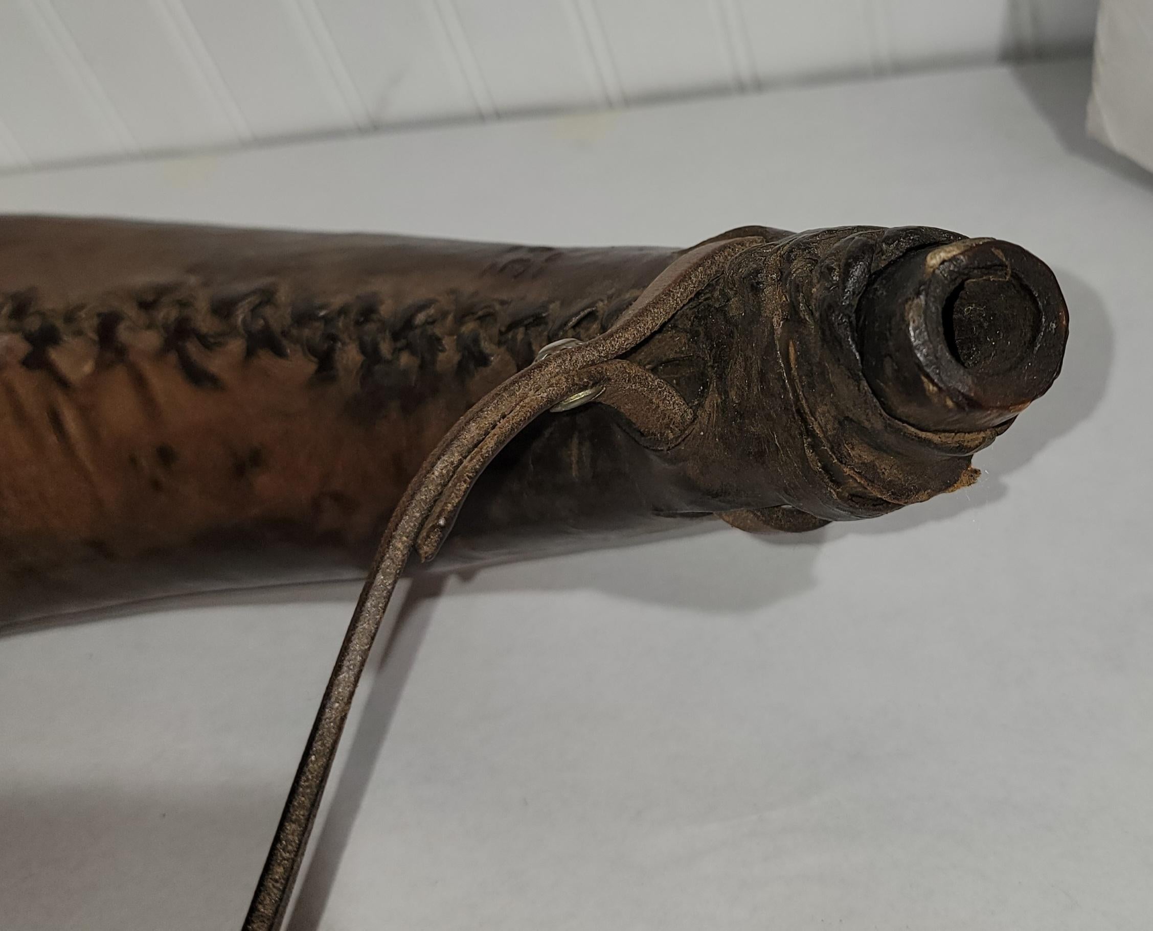 Hand-Crafted 19thc Leather covered Bulls Horn Whiskey Horn