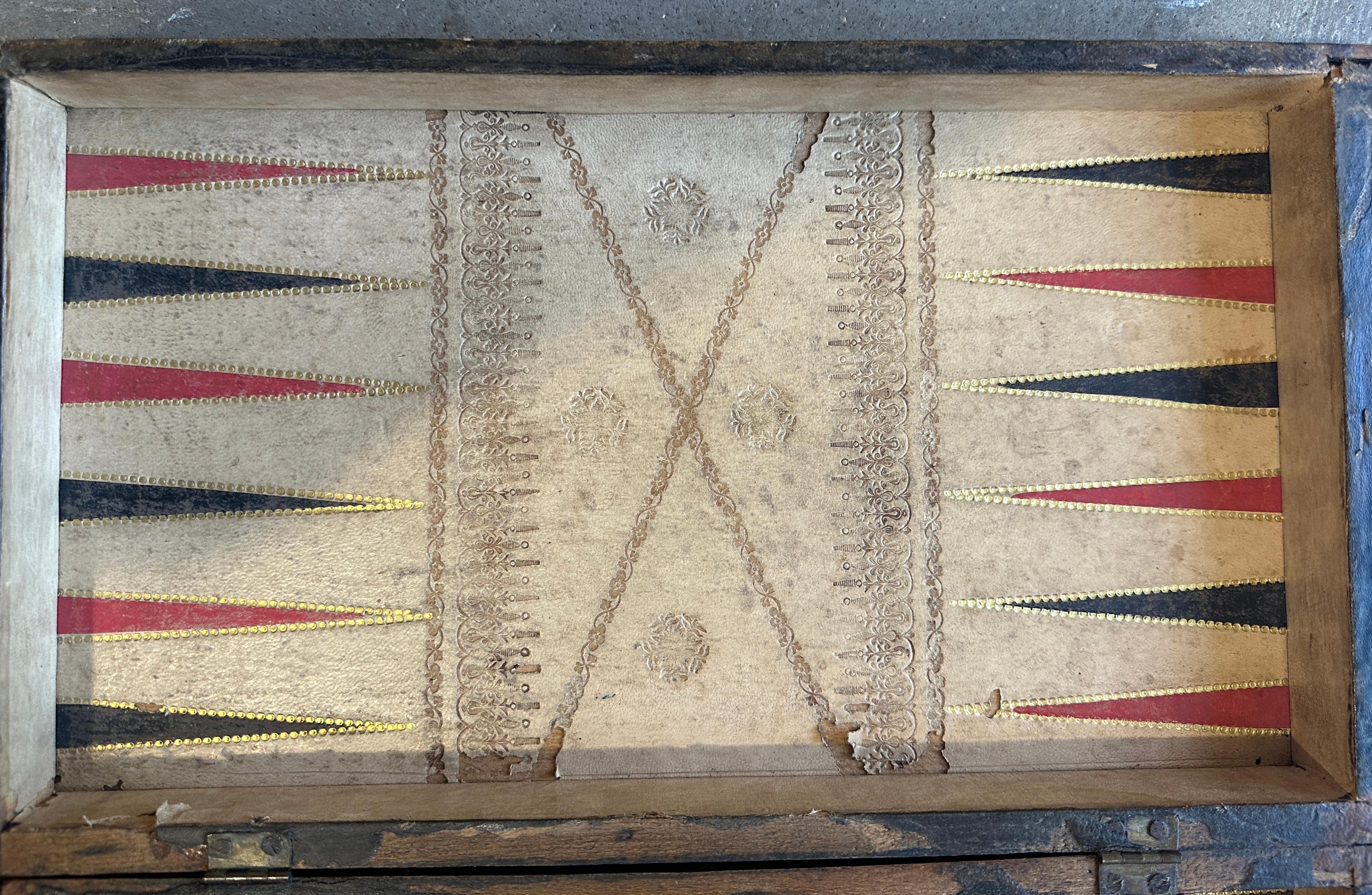 19Thc Fantastic leather covered & painted on wood frame game board box / false book.This fine leather is all original painted interior and exterior.