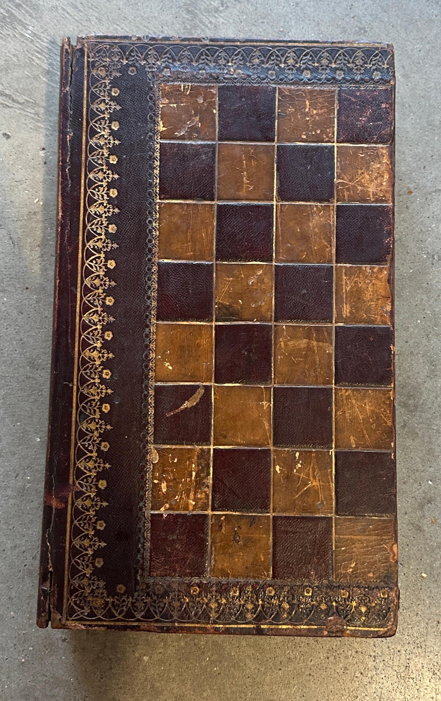 There are 2 measurements to provide open and closed.This most unusual leather bound game board box in original painted surface.

Closed - 
14.5
8.5
3

open
17.5
15
1.5
