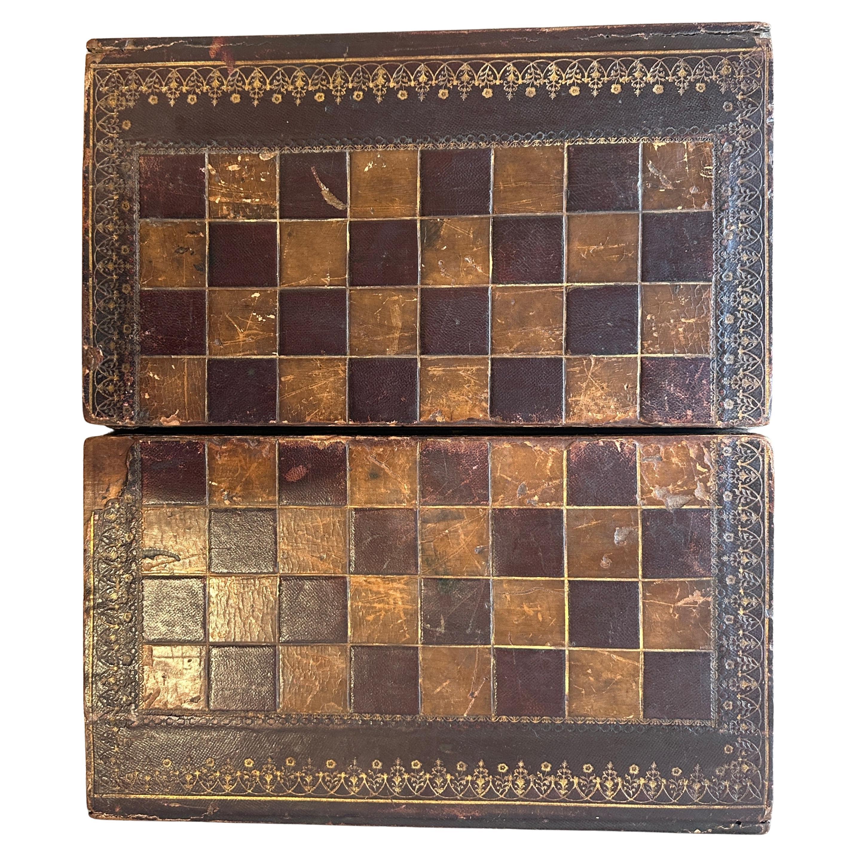 19thc Leather Top Game Boards Box For Sale