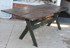 19th C Lg Saw Buck Table in Original Green Paint
