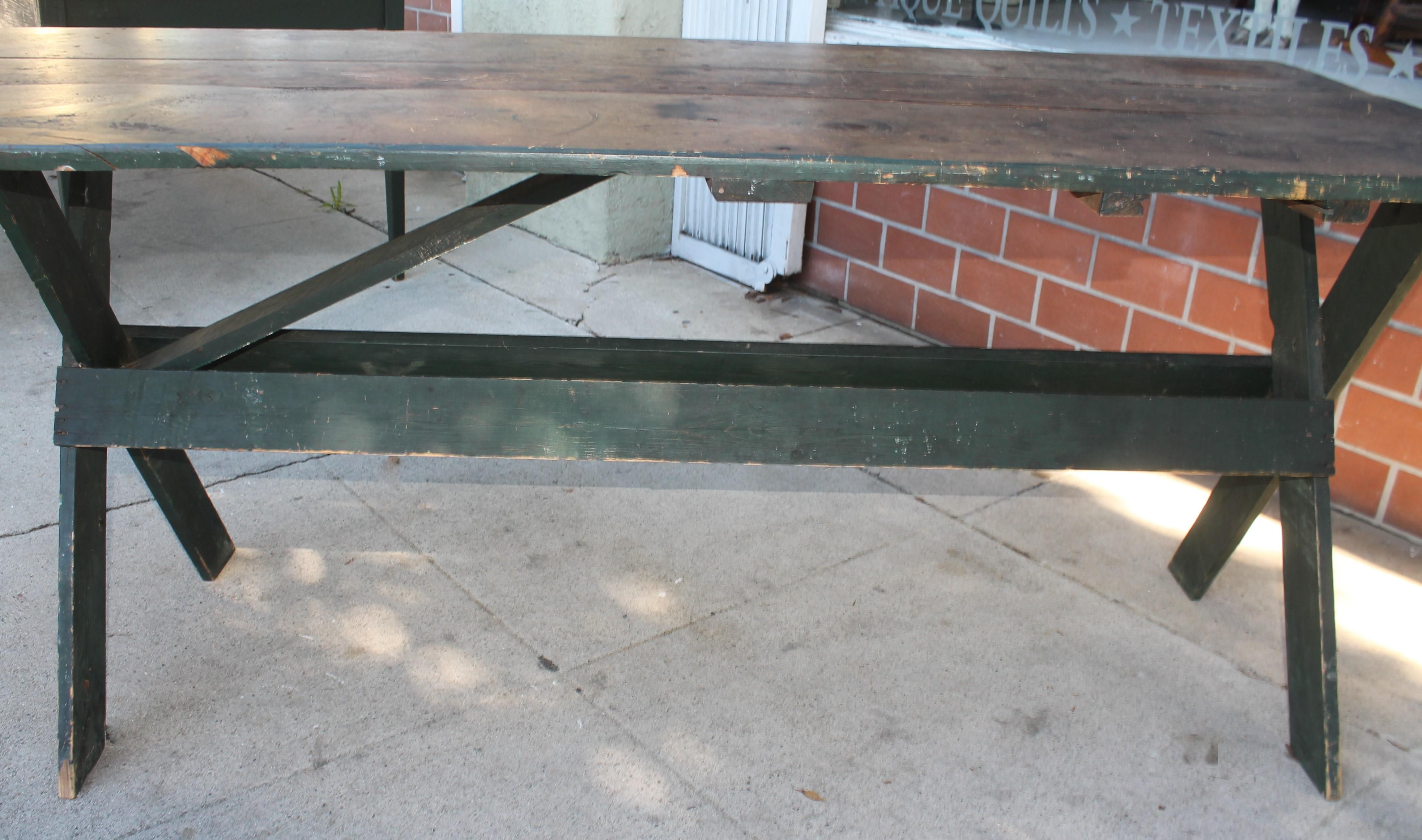 Adirondack 19th C Lg Saw Buck Table in Original Green Paint