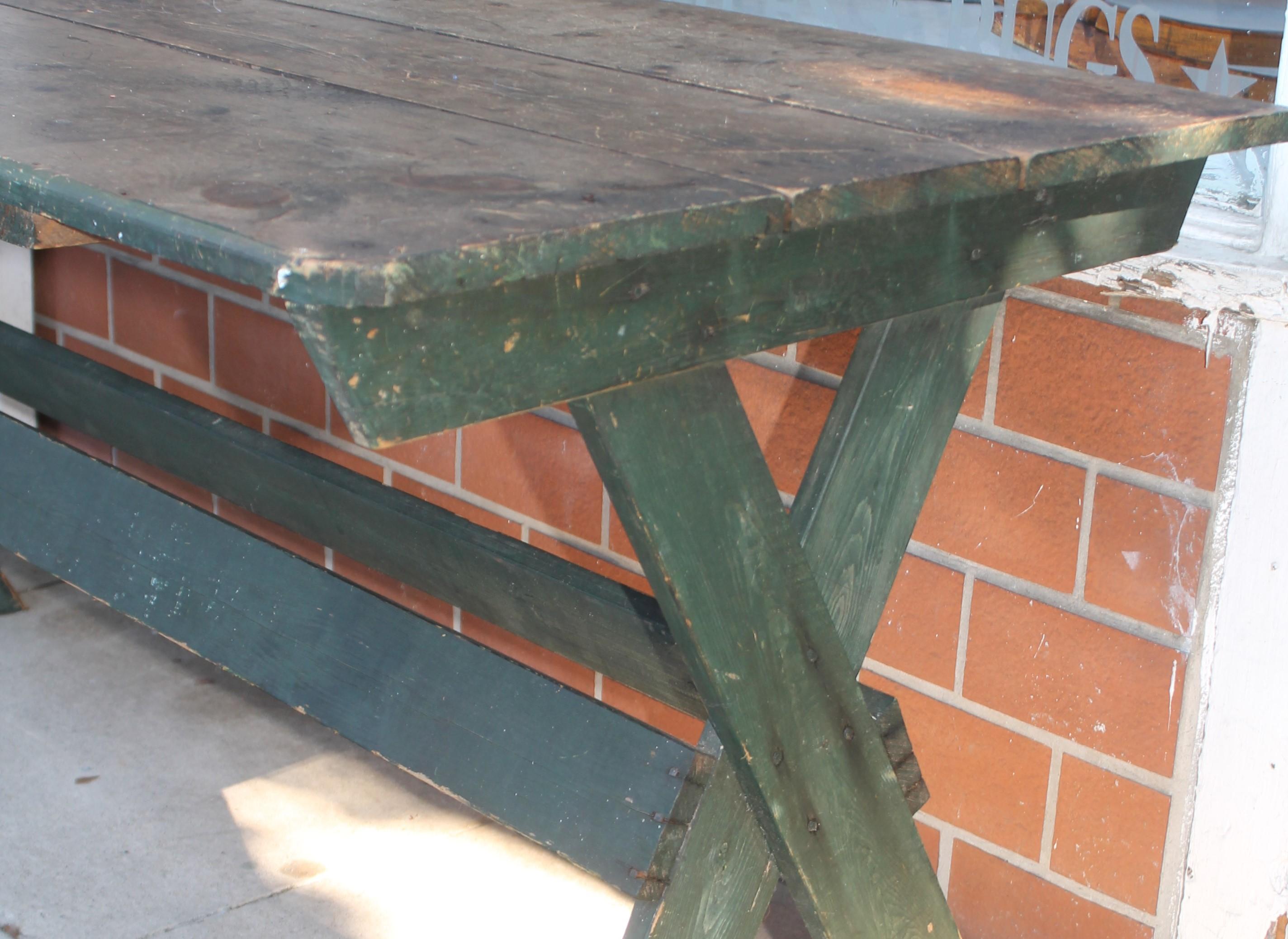 Hand-Carved 19th C Lg Saw Buck Table in Original Green Paint